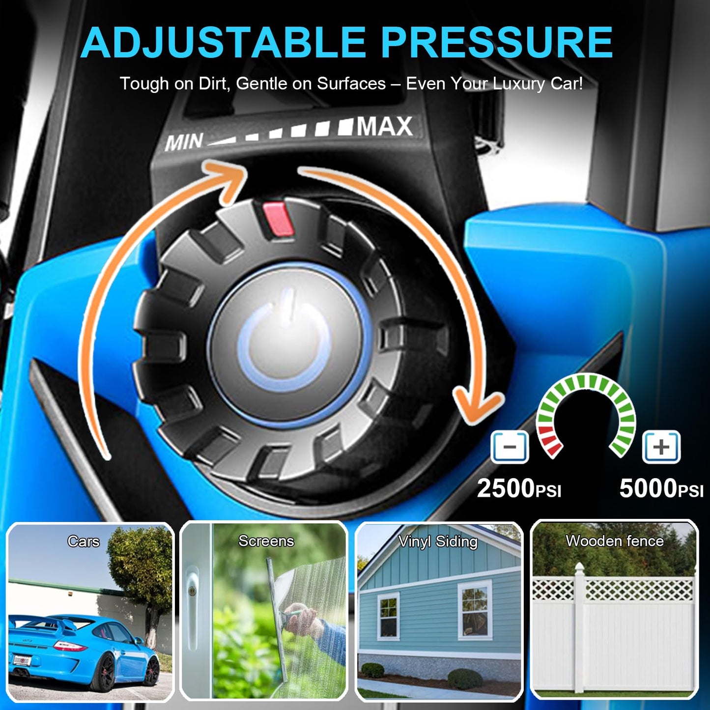 Pressure Cleaner 5000 PSI Adjustable Pressure, Power Cleaners Powered with 33ft Pressure Hose, 4 Nozzles and 500ml Foam Cannon, Cleaner Machine for Home, Car, Blue
