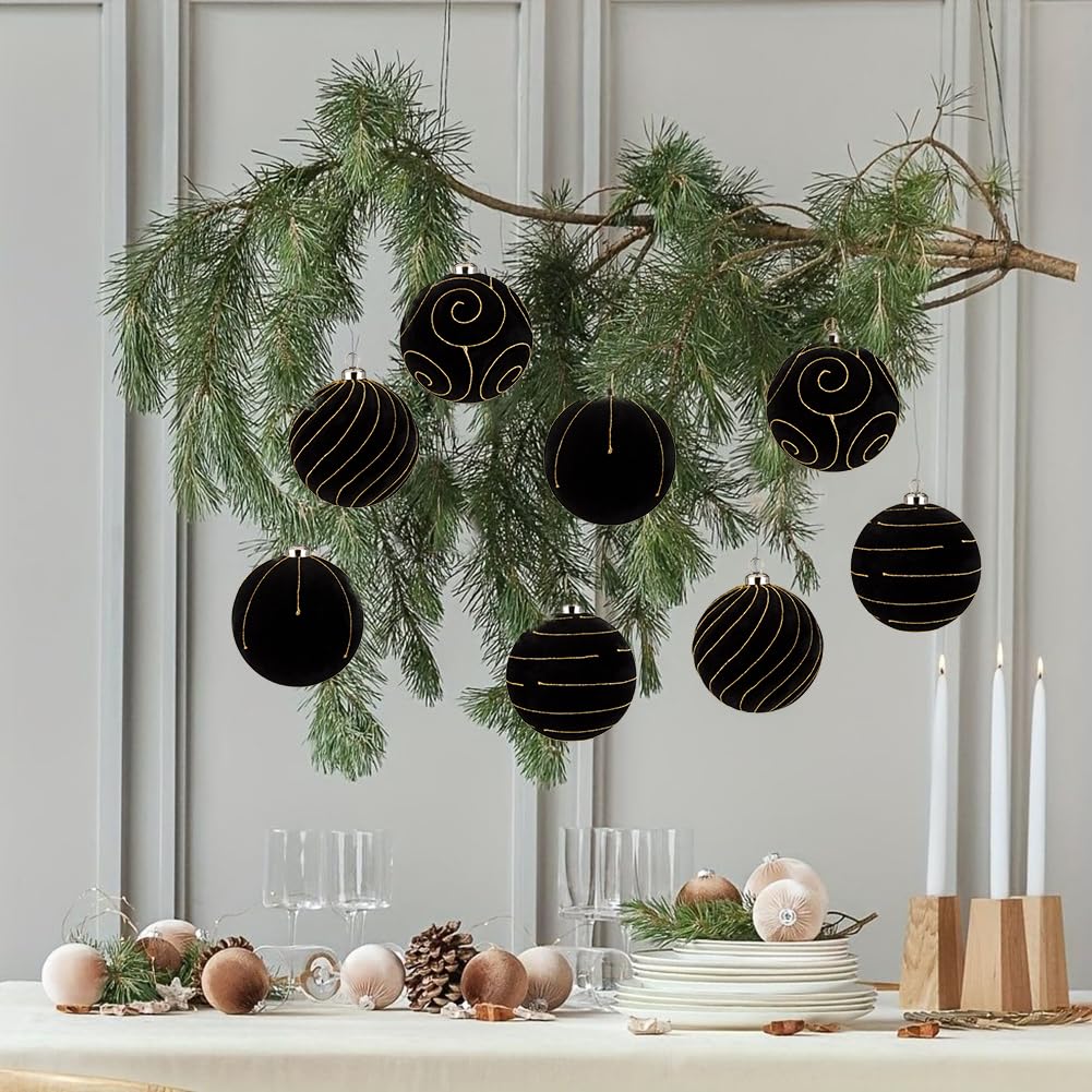 Velvet Christmas Ornaments Large Christmas Balls Ornament 4.7" Black Velvet Ornaments for Christmas Tree Balls Xmas Wedding Holiday Halloween Party Big Flocked Decorative Hanging Ornament 4 Pcs