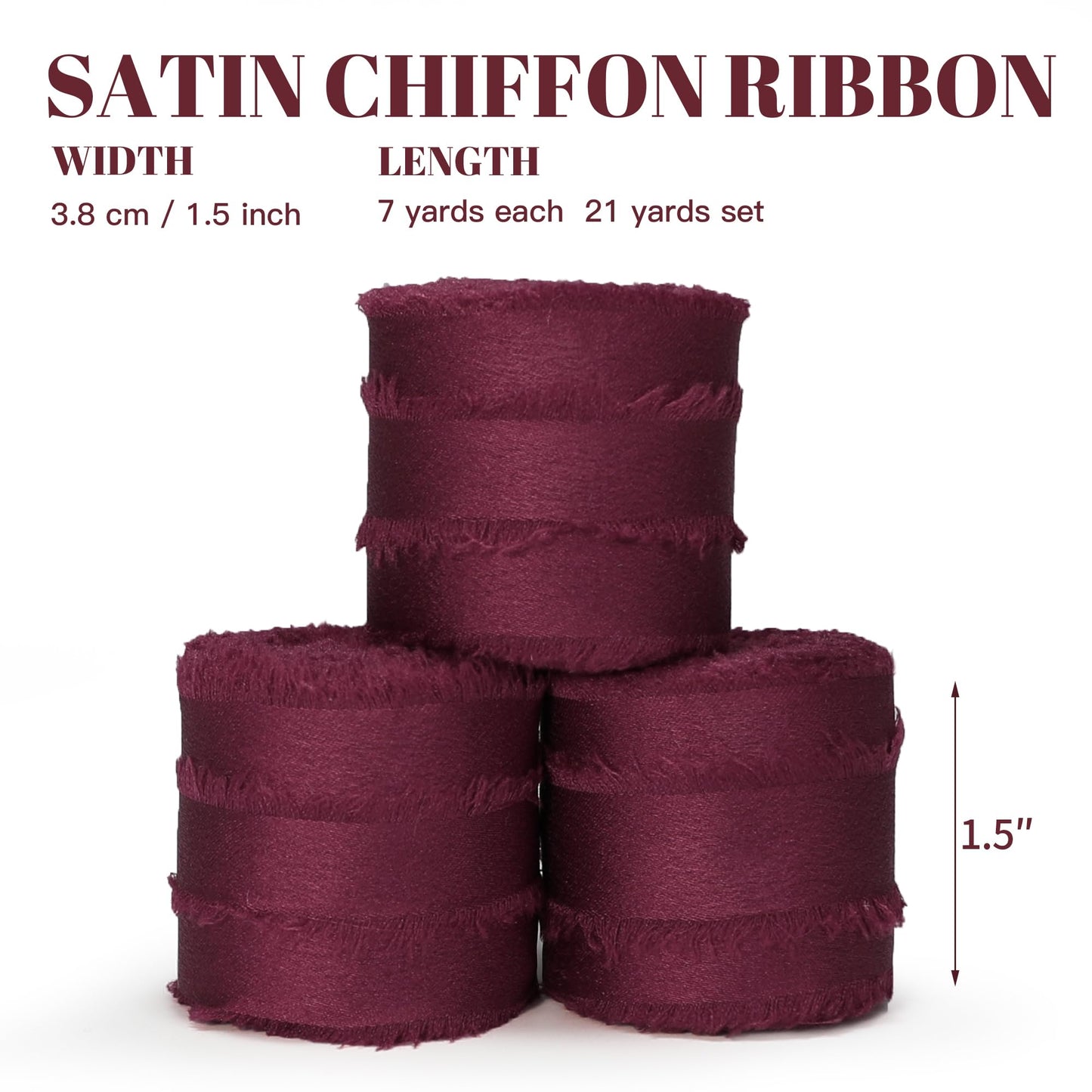 Keypan Burgundy Ribbon for Gift Wrapping, Silk Satin Chiffon Frayed Fabric Ribbons for Crafts Flower Bouquets Wedding Invitation Decor Christmas 1-1/2 Inch x 21 Yd