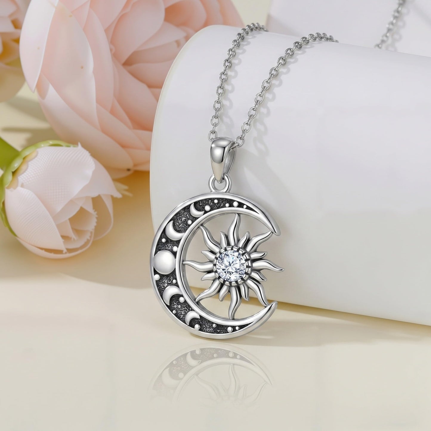 SOACAE Moissanite Sun and Moon Necklace 925 Sterling Silver 0.3ct Lab Created Moissanite Sun Pendant Moon Jewelry Gifts for Women