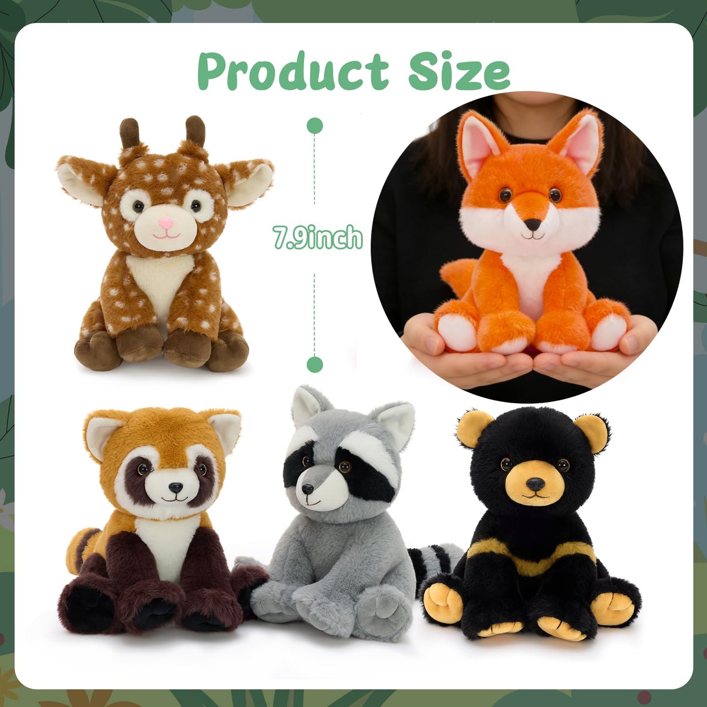 MaoGoLan 5 Pcs Woodland Animals Bulk Stuffed Woodland Toys Baby Shower Party Decorations, 8'' Grizzly Bear Deer Fox Raccoon Red Panda Forest Party Favors Gifts Mother's Day