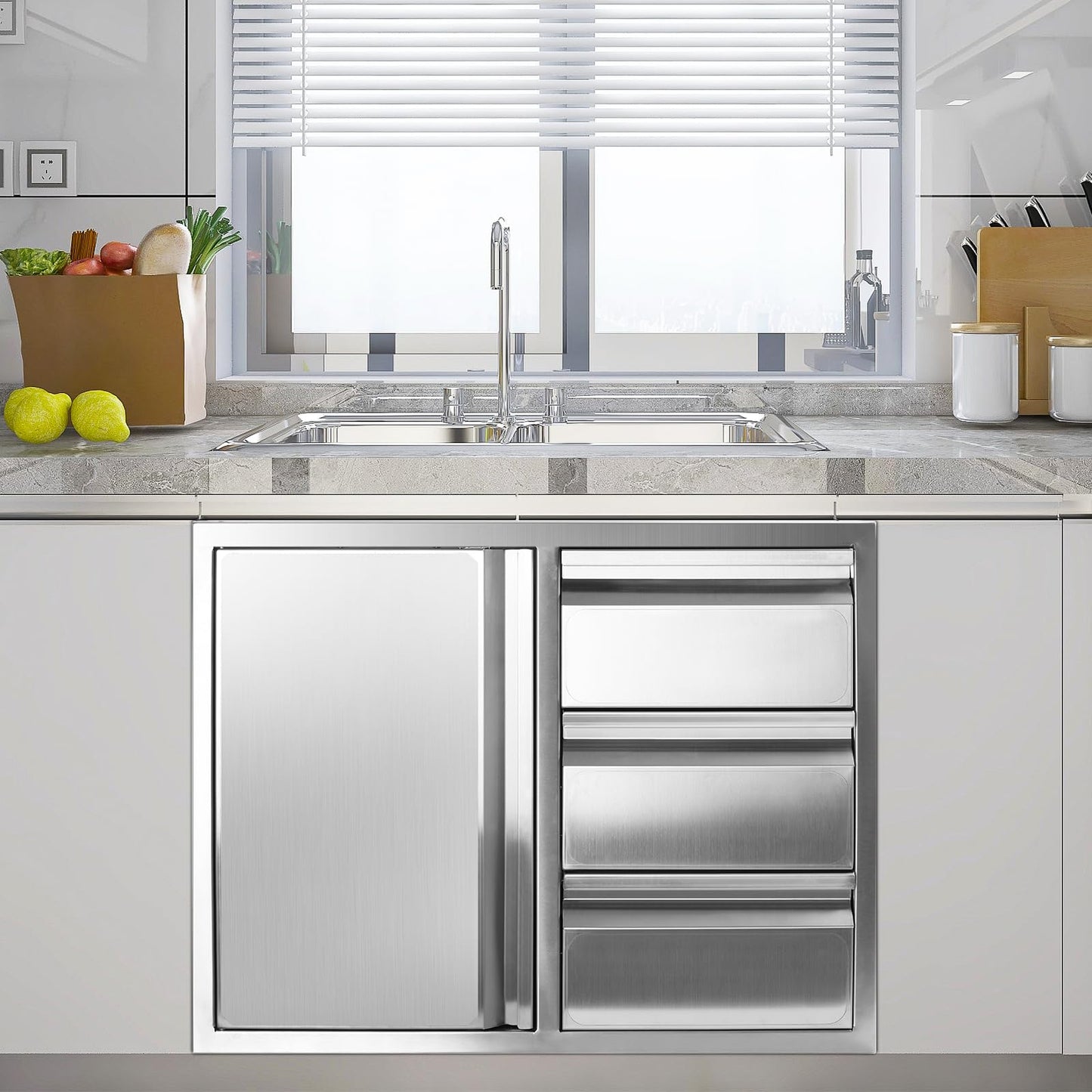 Outdoor Kitchen Drawer Combo, Stainless Steel Sealed Storage Combo with Triple Drawer, Outdoor Kitchen for BBQ Island, Grilling Station, Outside Cabinet (27.8" W x 21.8" D x 19.6" H)（Right Drawer）