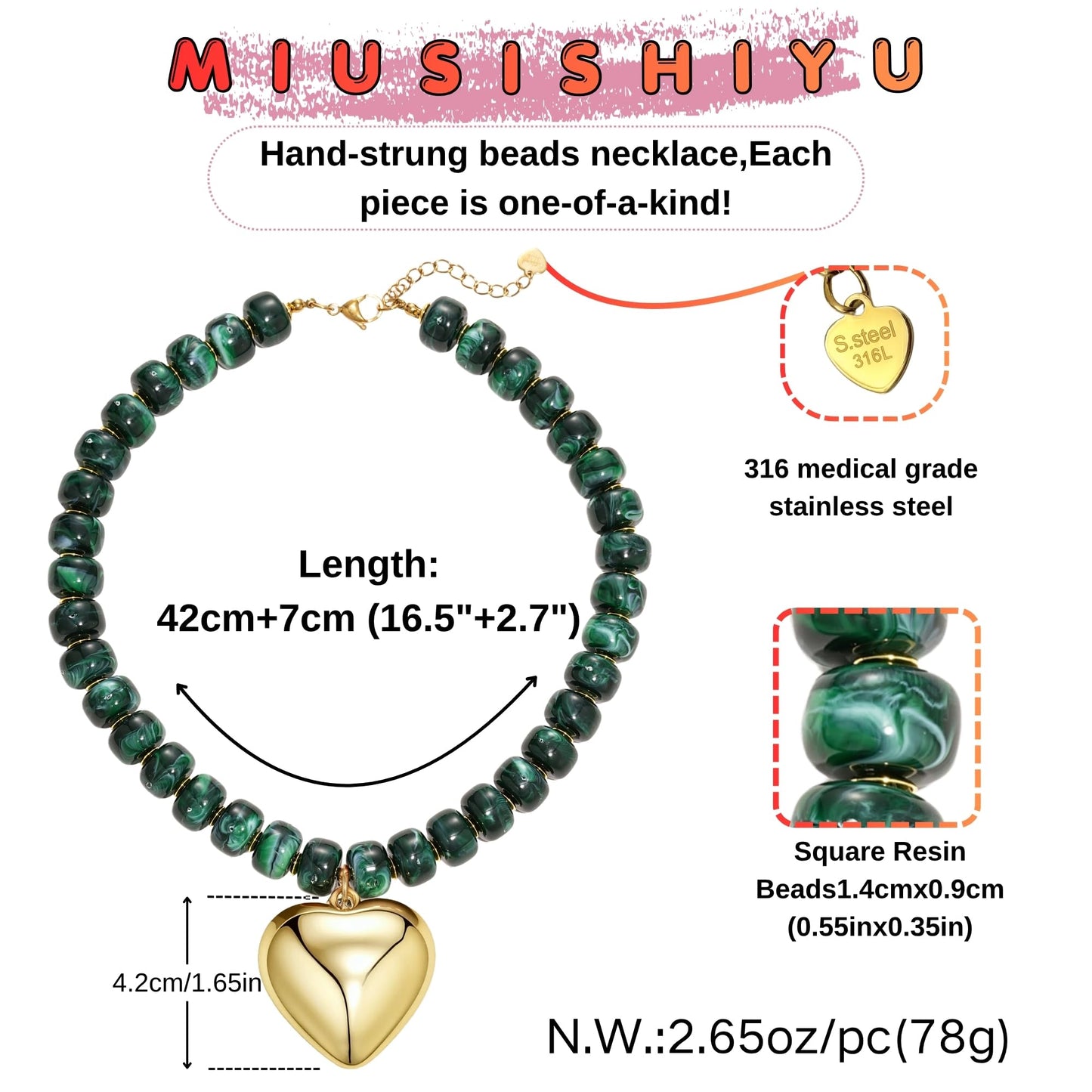 MIUSISHIYU Dark Green Faux Malachite Resin Chunky Necklaces for Women, Trendy Beaded Puffy Gold Heart Pendant Statement Choker, Lightweight Boho Y2K Summer Beach Jewelry