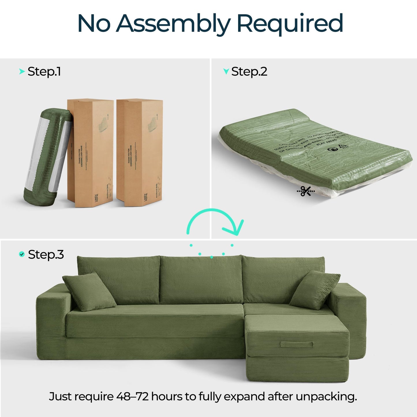LINSY HOME Oversized Convertible Sofa Bed with 2 Pillows & Ottoman, Corduroy Boneless Couch Folding Modular Sleeper Sofa, L Shaped Couch Floor Sofa for Living Room Apartment, Upgrade Backrest (Green)
