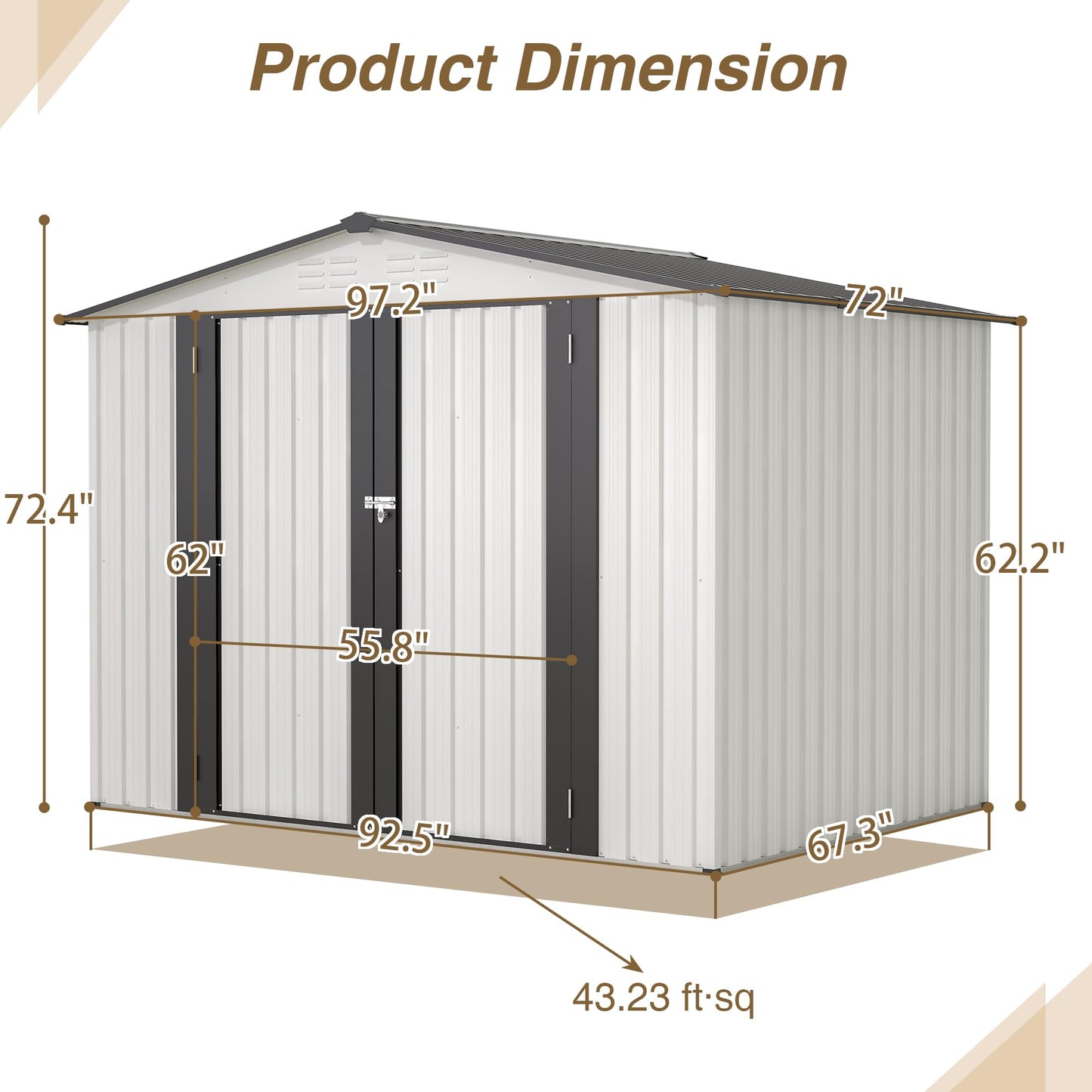KEIKI Storage Shed 8x6 FT, Large Metal Tool Shed for Outdoor Storage, Galvanized Steel Garden Shed with Lockable Doors for Patio, Backyard, Lawn, White