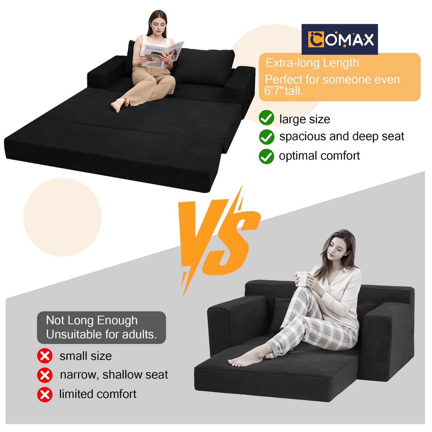 COMAX Convertible Sofa Bed Queen, Corduroy Folding Floor Couch Pull Out Couch Bed Futon Sleeper with Pillows, Fold Out Boneless Sofa Comfy Lounge Mattress Loveseat for Living Room Bedroom, Black