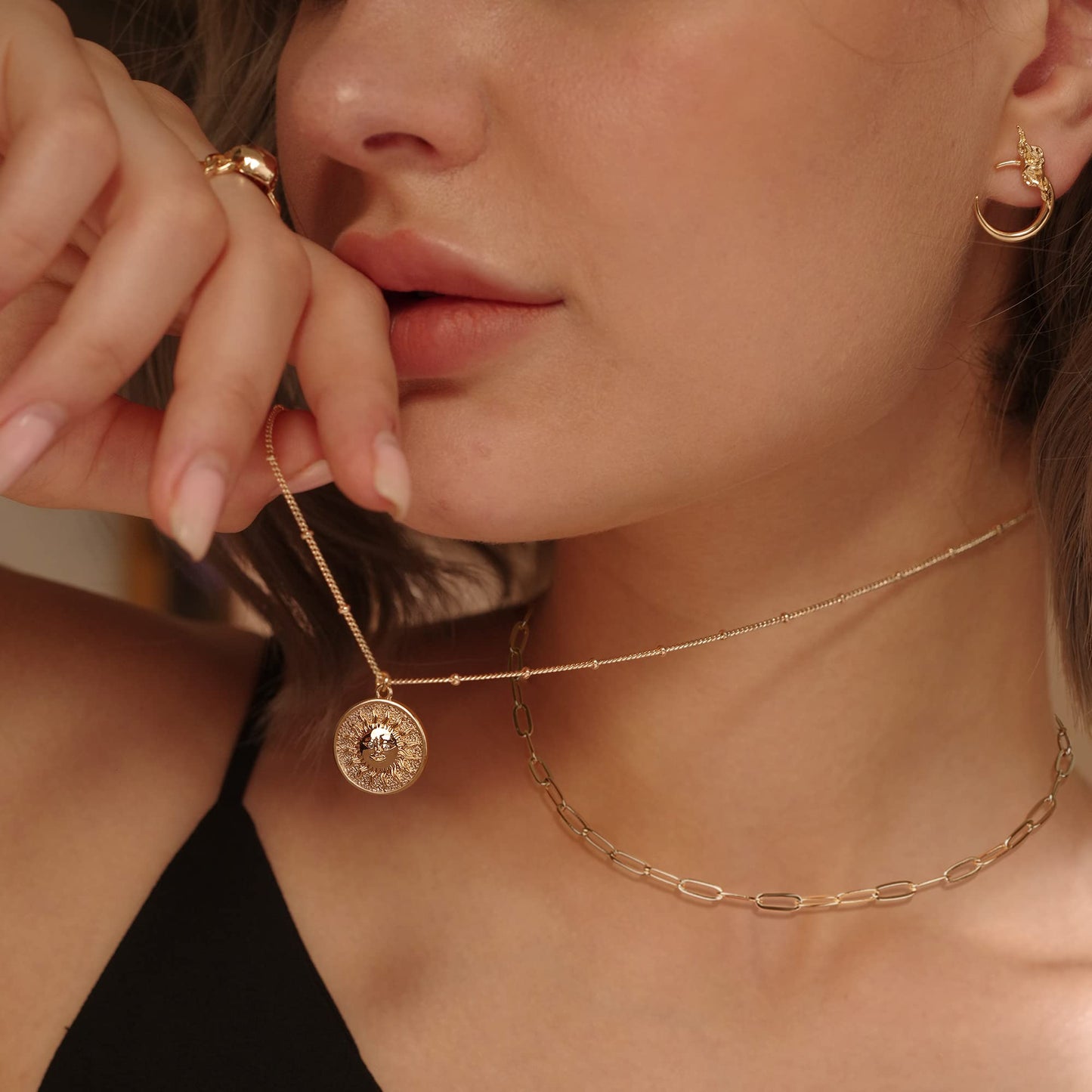 MEVECCO Gold Layered Choker Necklace for Women, 18K Gold Plated Dainty CZ Sun Face Pendant Minimalist Paperclip Double Layer Necklace for Jewelry