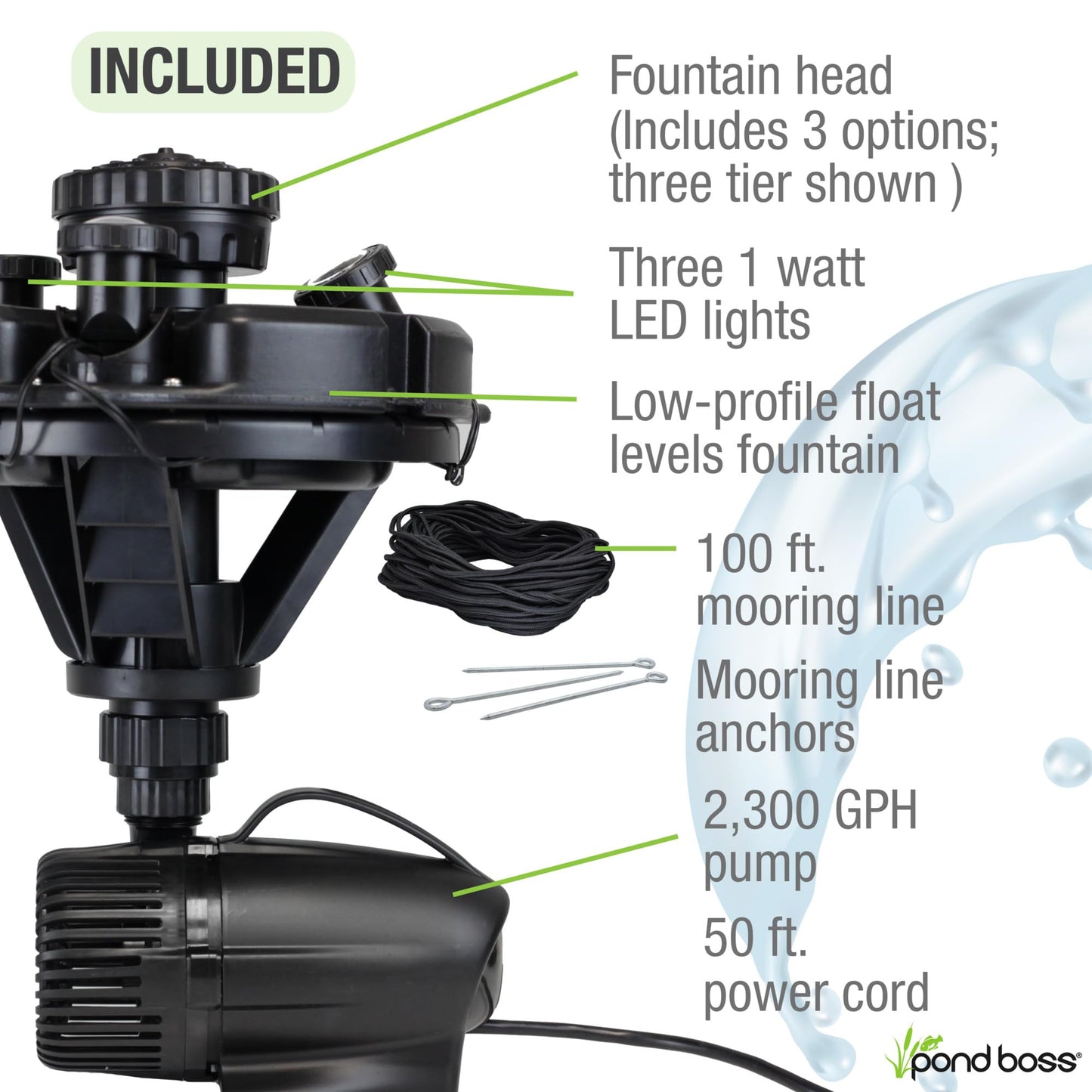 Pond Boss DFTN12003L Floating Fountain With Lights, 50 Foot Power Cord, 1/4 hp