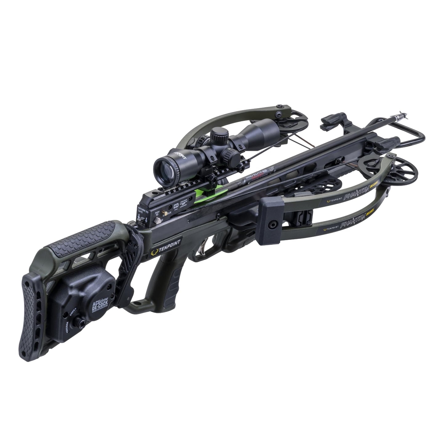 TenPoint Phantom De-Cock, Moss Green - 400 FPS - Our Lightest Reverse Draw Crossbow Ever - Equipped with Pro-View 400 Lighted Scope + ACUdraw De-Cock System