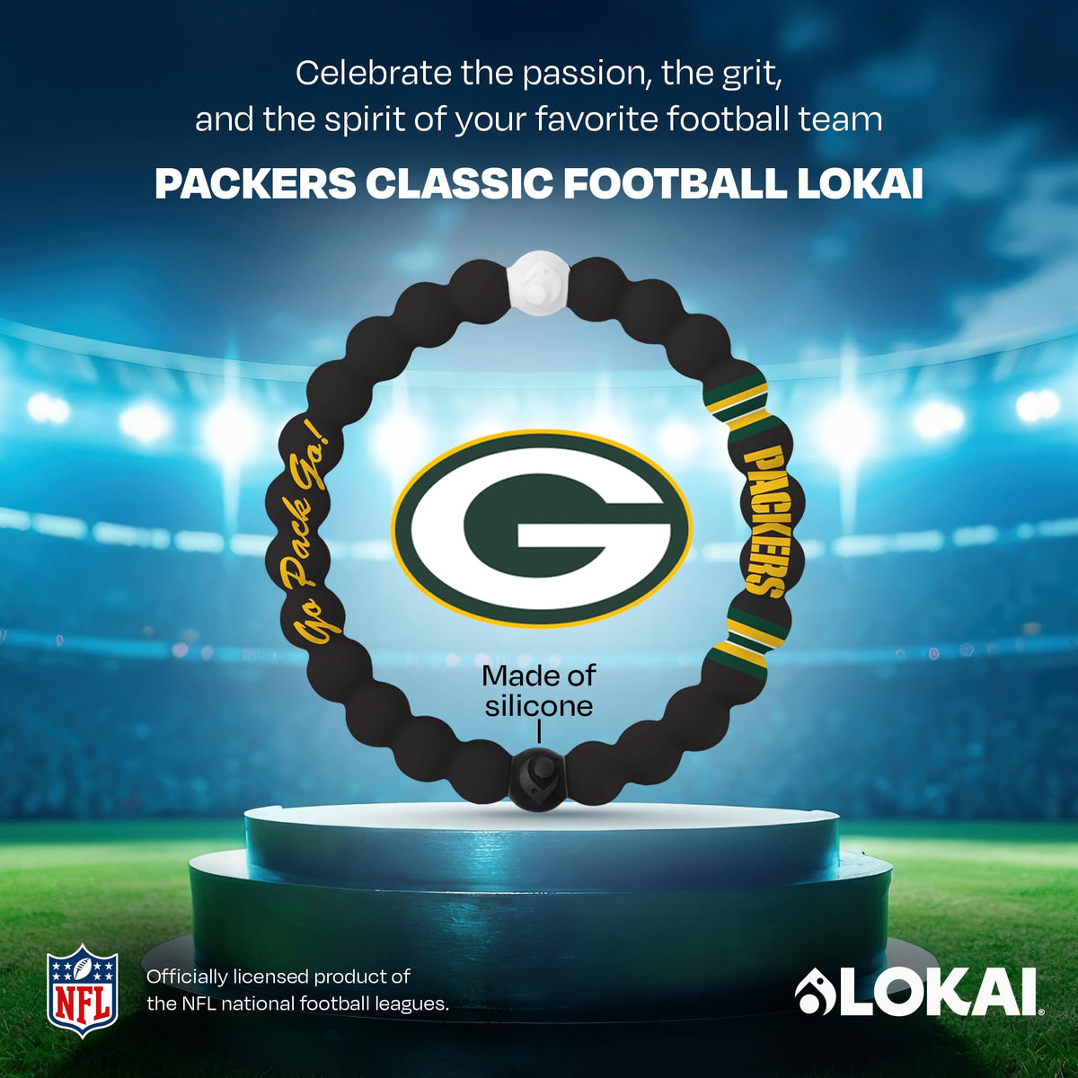Lokai NFL Football Collection Silicone Beaded Bracelet, Green Bay Packers Classic (Medium) - Silicone Jewelry Beaded Friendship Bracelet for Women & Men - Sports Team Gear, Apparel & Accessories