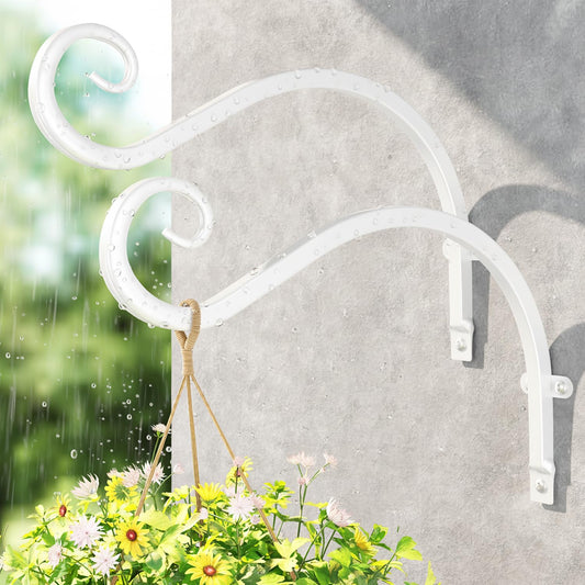 LASZOLA 2 Pack 12 Inch Hanging Plant Brackets, Heavy Duty Iron Wall Hooks for Planter, Bird Feeder, Wind Chime, Lantern, Rust Proof Decorative Hangers for Indoor Outdoor Garden Patio Fence, White