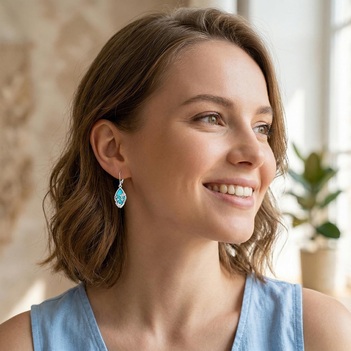 Eetaitai Hummingbird Earrings 925 Sterling Silver Natural Turquoise Jewelry Dangle Drop Earrings Western Boho Bird Flower Hummingbird Mothers Day Gifts for Mom Wife Sister