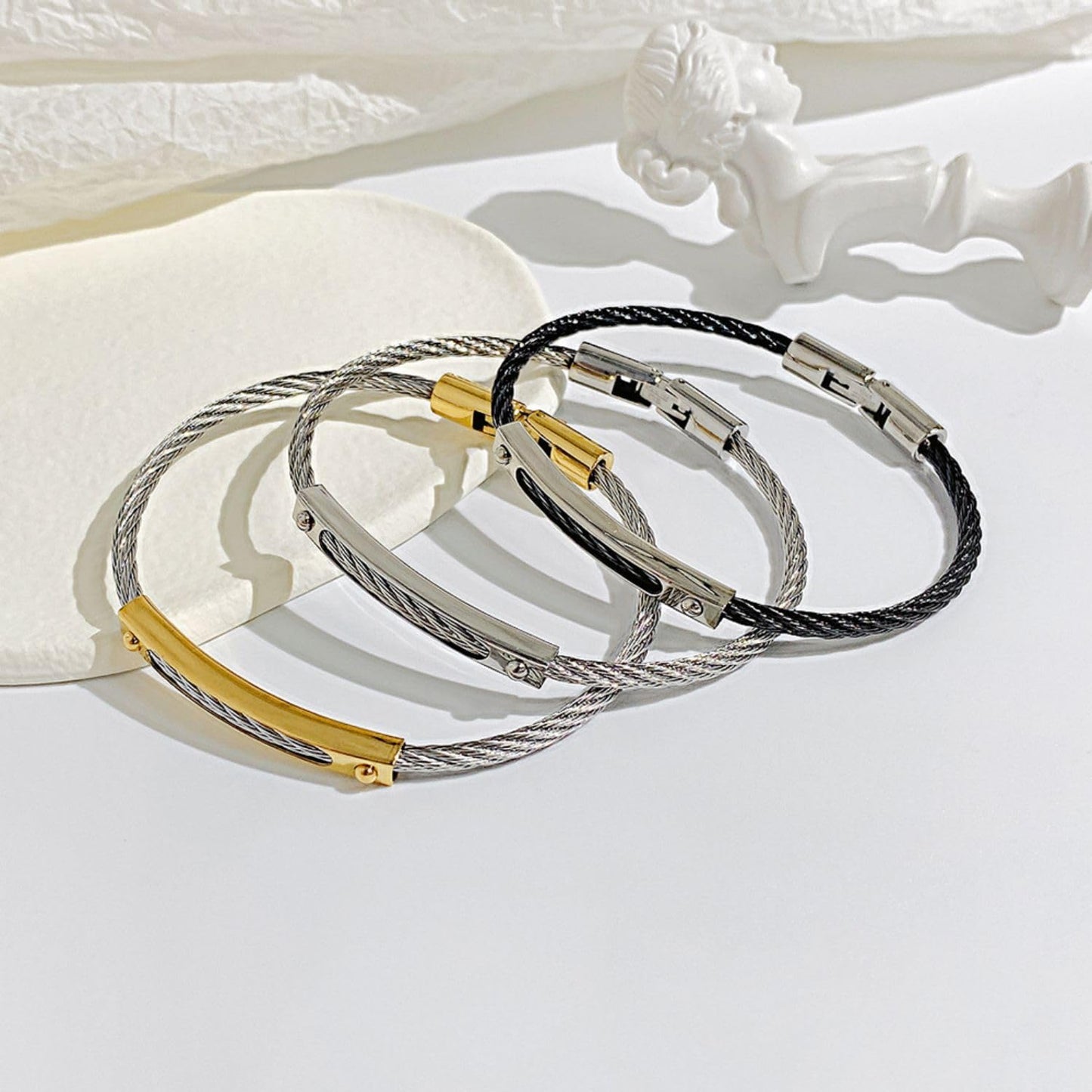 LXBQYSTO Cable Wire Twisted Cuff Bangle Bracelet For Women 14K Gold/rose/silver Stainless Steel Jewelry for Women Gift (Close-Silver)