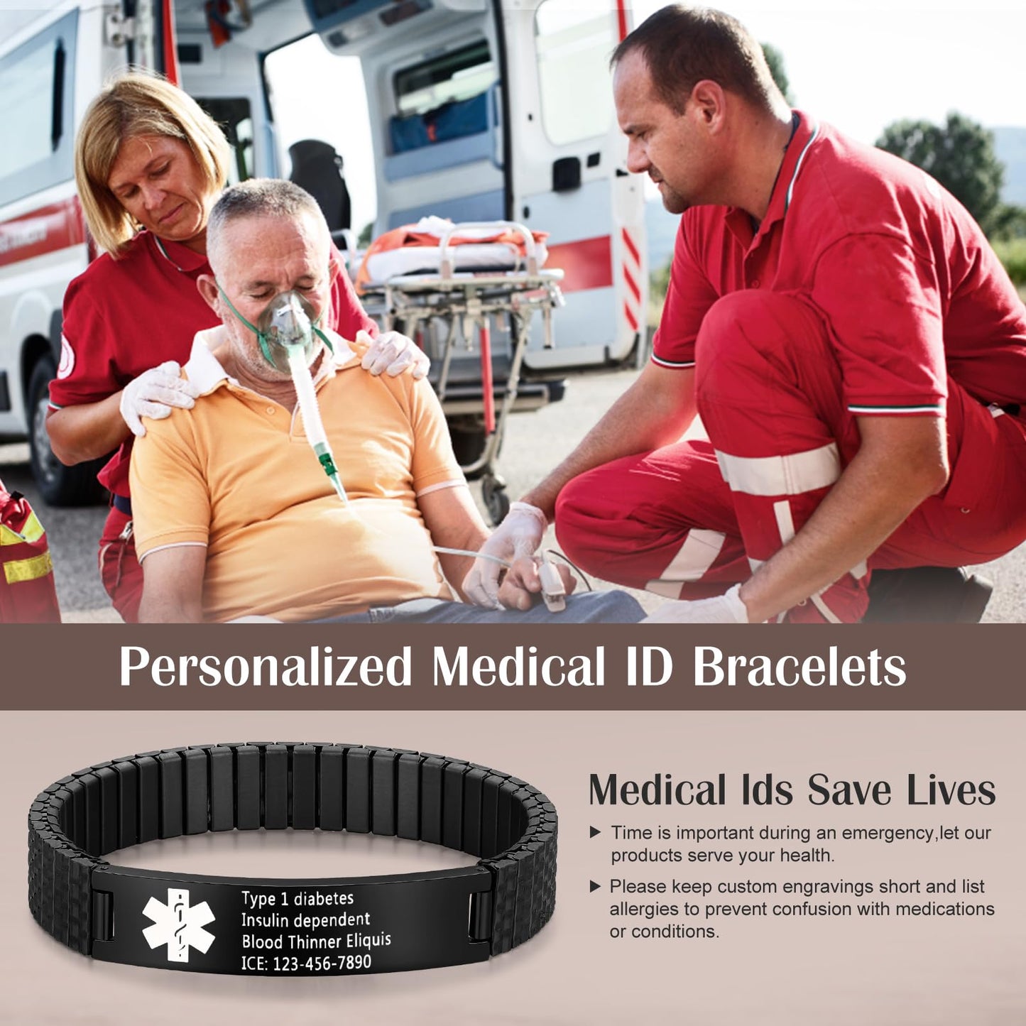 Bijouweled Medical Alert Bracelet for Women Men 7.5 to 9.8 Inches Emergency ID Bracelets Free Engraving Personalized Medic Alert Bracelet for Adult (Black 7.3inch stretchable)