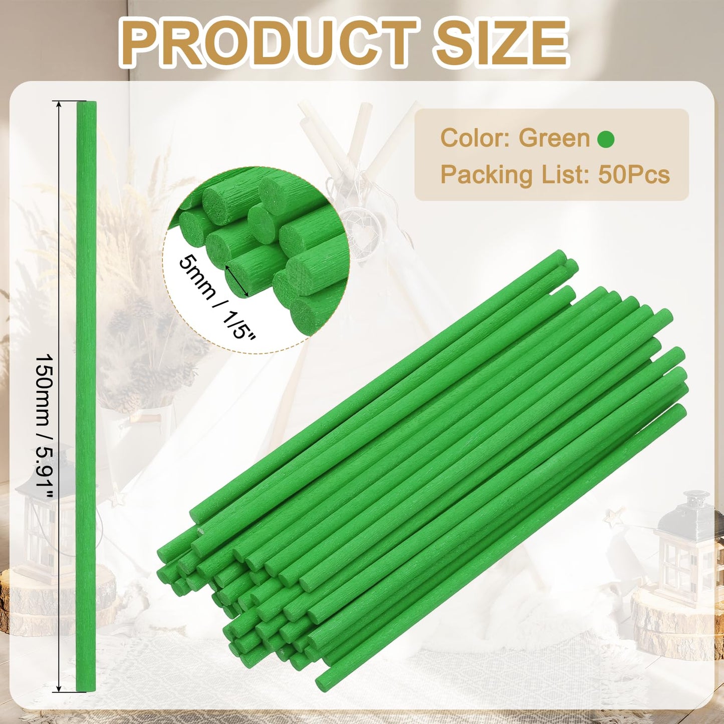 PATIKIL 100Pcs Wooden Dowel Rods, 1/5" x 6" Unfinished Craft Rod Sticks Wooden Sticks for Crafts Cake Hardwood Dowels DIY Projects Flower Bouquet, Green
