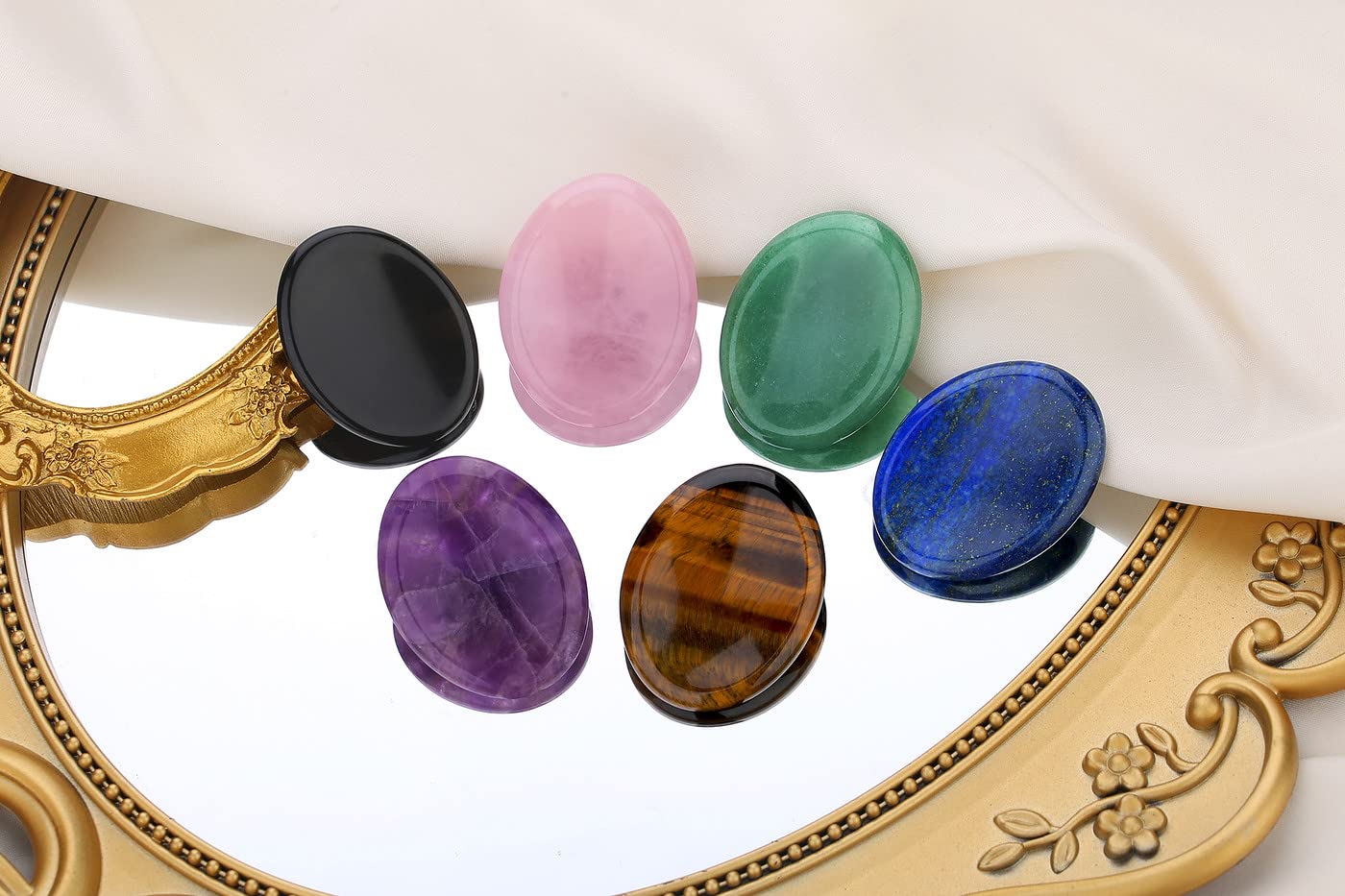 QINJIEJIE 2PCS Worry Stones for Anxiety Tiger's Eye Lapis Lazuli Crystals Hand Carved Thumb Stones Pocket Meditation Oval Shaped Crystal Natural Reiki Relax Palm Stone Gift for Men