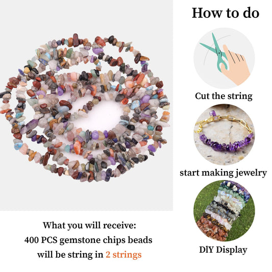 400pcs Natural Chip Stone Beads for Jewelry Making Multicolor 5-8mm Irregular Gemstones Healing Crystal Loose Rocks Bead Hole Drilled for Ring Earrings Necklace Bracelet Making DIY Art Crafts