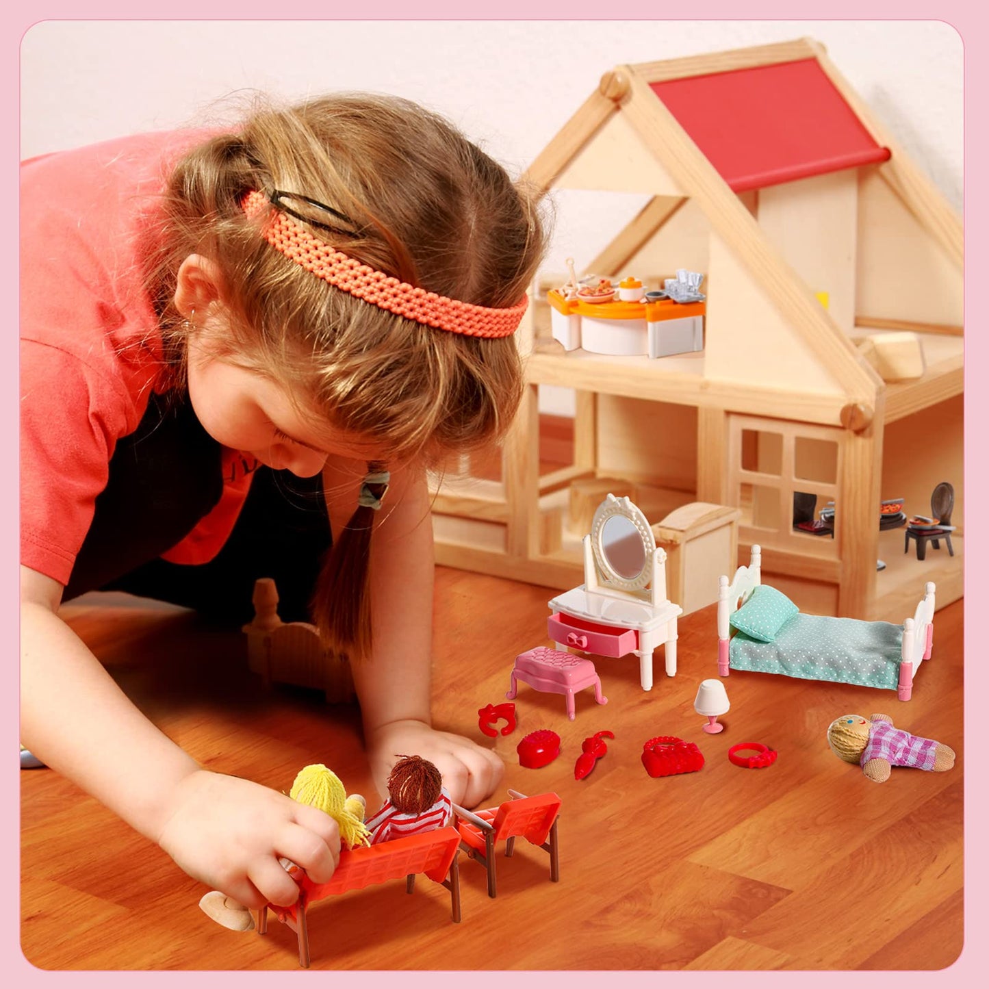 HyDren 83 Pcs Wooden Dollhouse Furniture Set with 8 Flexible Dolls for 5 Rooms Kits Kitchen, Dining, Living Room, Bedroom, Bathroom Dollhouse Accessories and Furniture Toys for Girl Boy Toddlers Gift