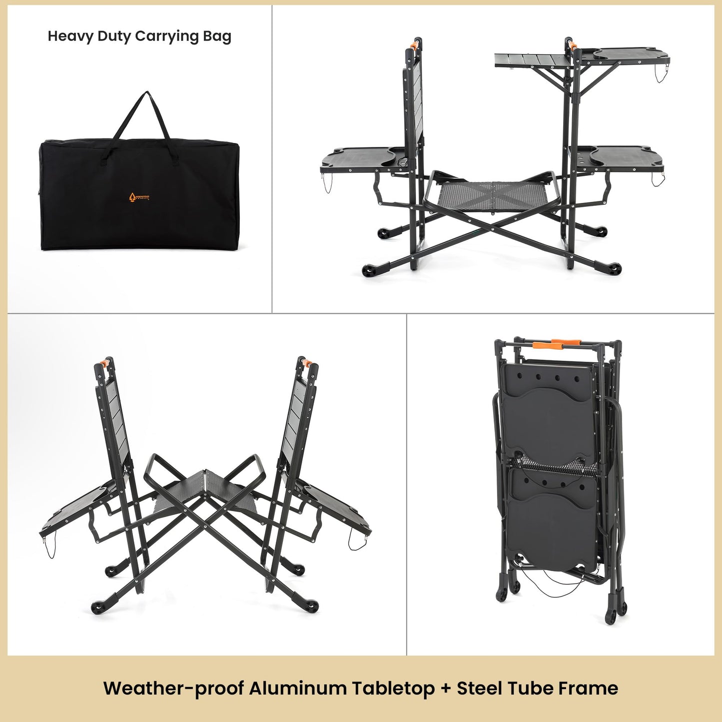 ARROWHEAD OUTDOOR 54" Wide Quick Folding Kitchen Station with Add-on Windscreen, 4 Side Tables, Aluminum Tabletop, Tool-Hanging Cord, 154 LBS Max Weight Load, for Patio BBQ and Camping