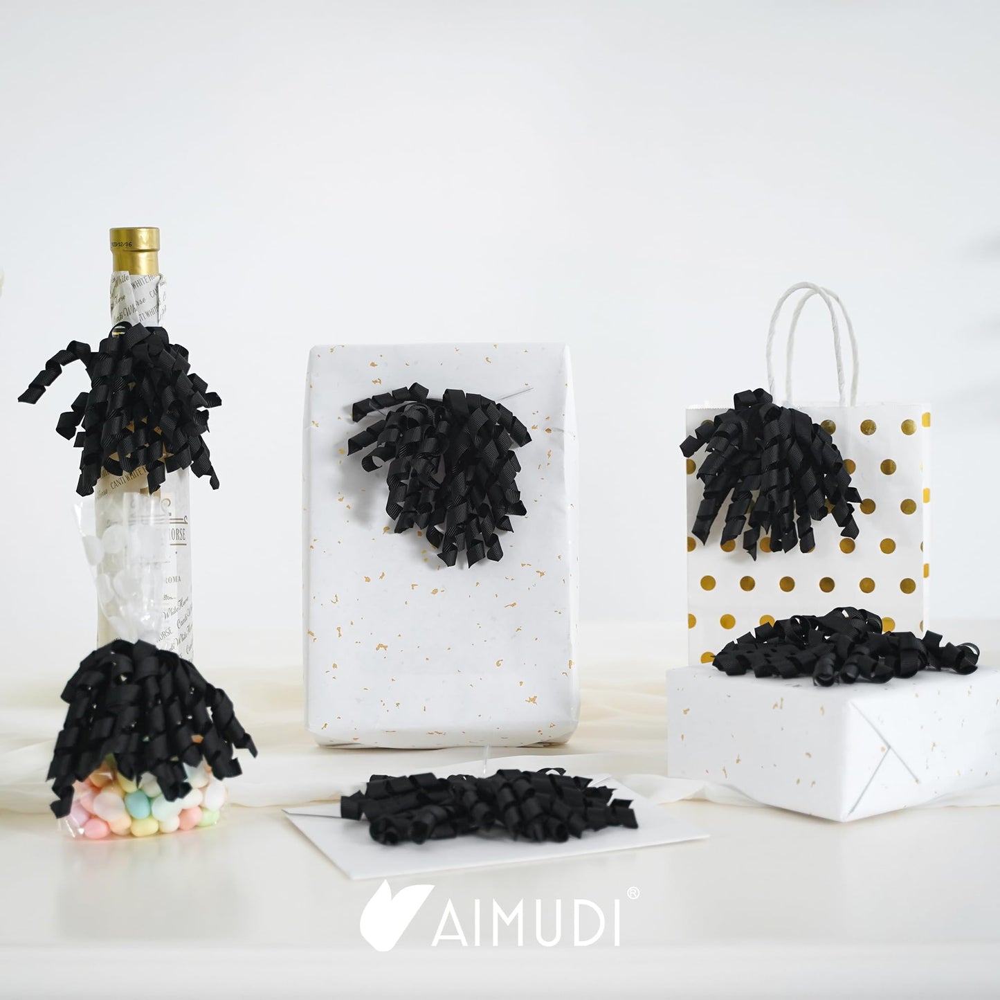 AIMUDI Black Bows 4" Black Burst Bows Self Adhesive Curly Ribbon Bows for Gift Wrapping Grosgrain Ribbon Twist Tie Bows for Treat Bags Gift Bags Christmas Wedding Party Decorations - 6 Counts