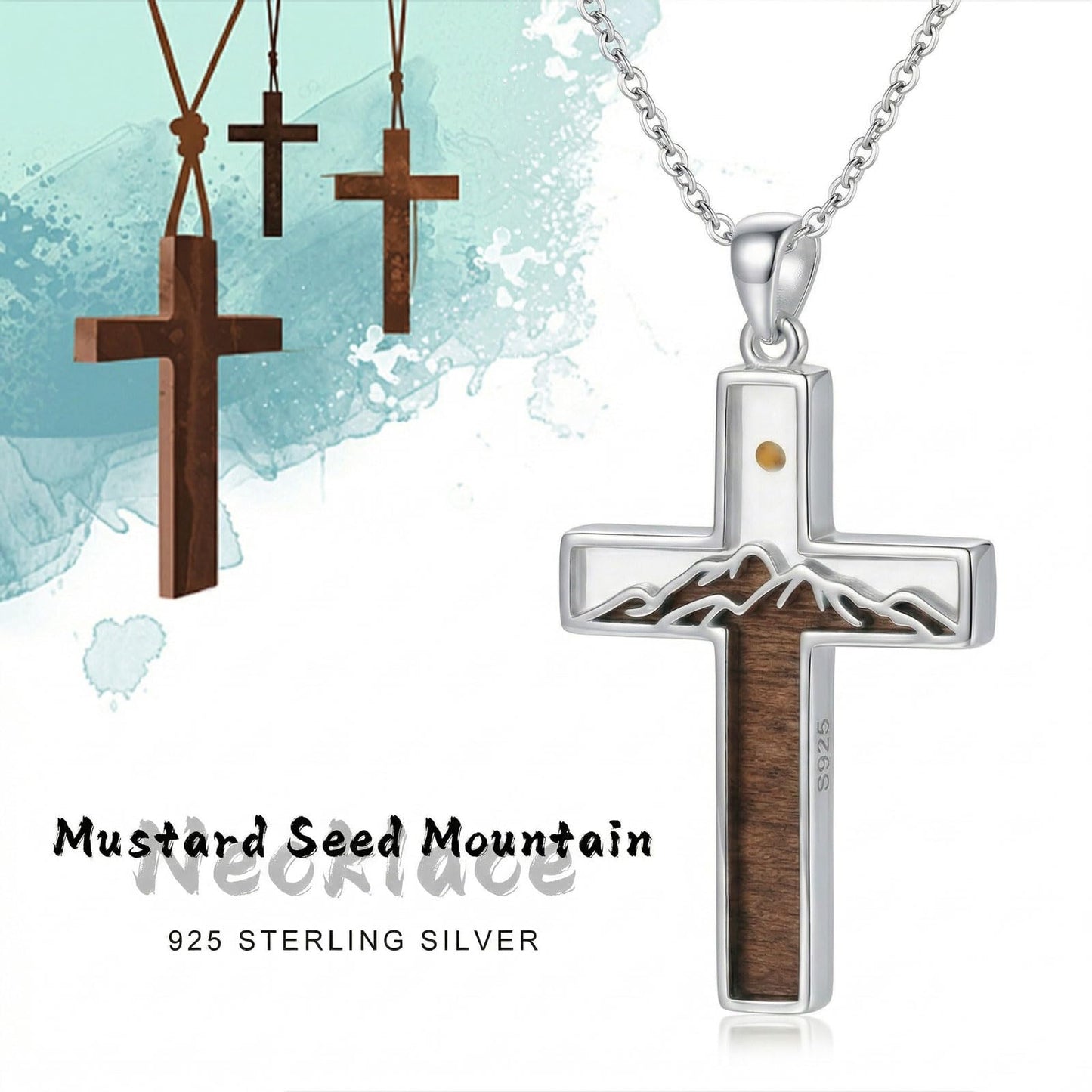 Suiknsn Mustard Seed Necklace 925 Sterling Silver Wooden Cross Necklace Cross Mountain Pendant Religious Christian Jewelry Hiking Gifts for Women Mom