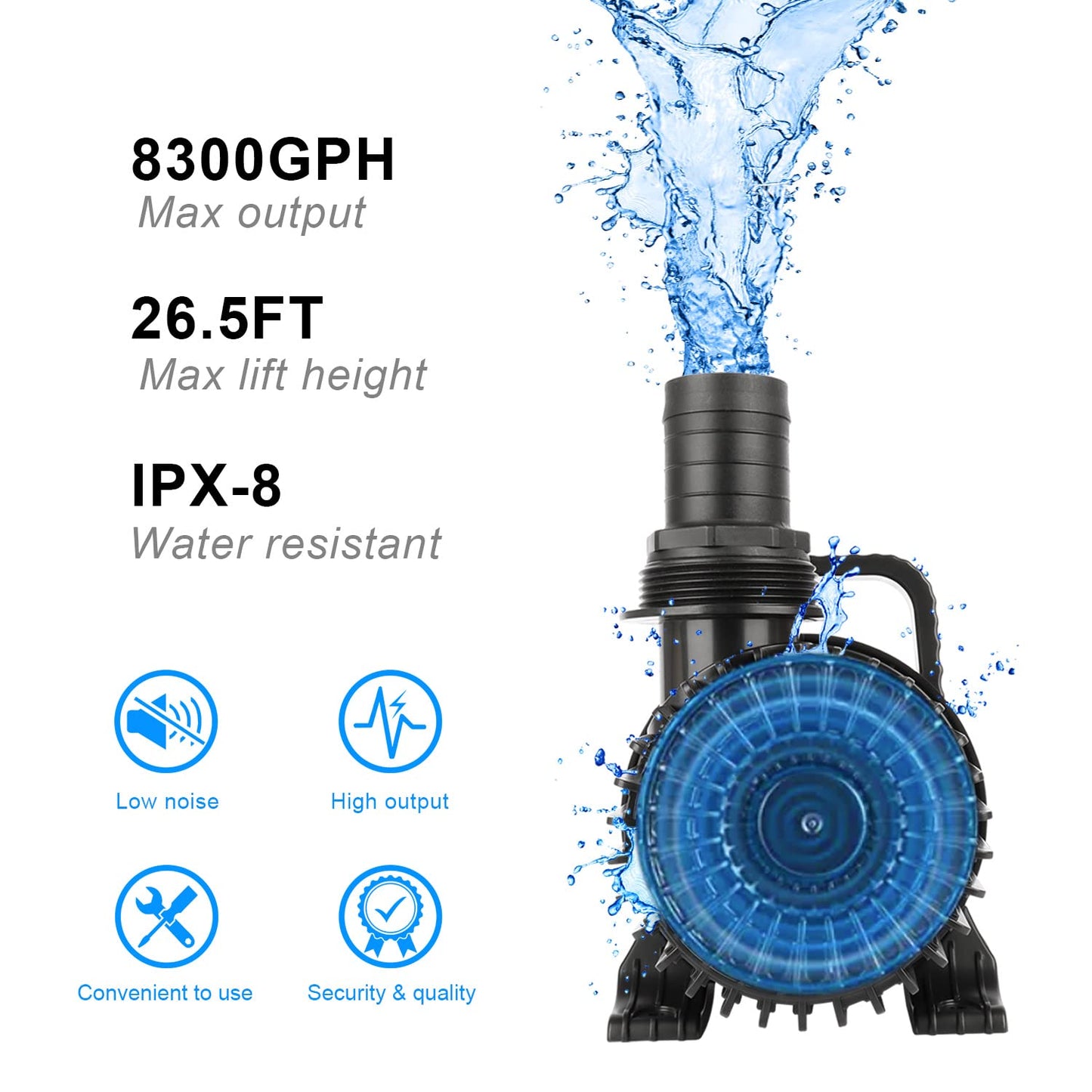 OYO WATER Outdoor Large 8300gph-520W 32.8FT Pond Water-fall & Kio Fish Fountain-s &Garden Pump Submersible IPX8: Long 32.8FT Cord Smart-er & Quieter Duck & Yard &Patio Ponds Pumps, 1 Barrier Pump Bag