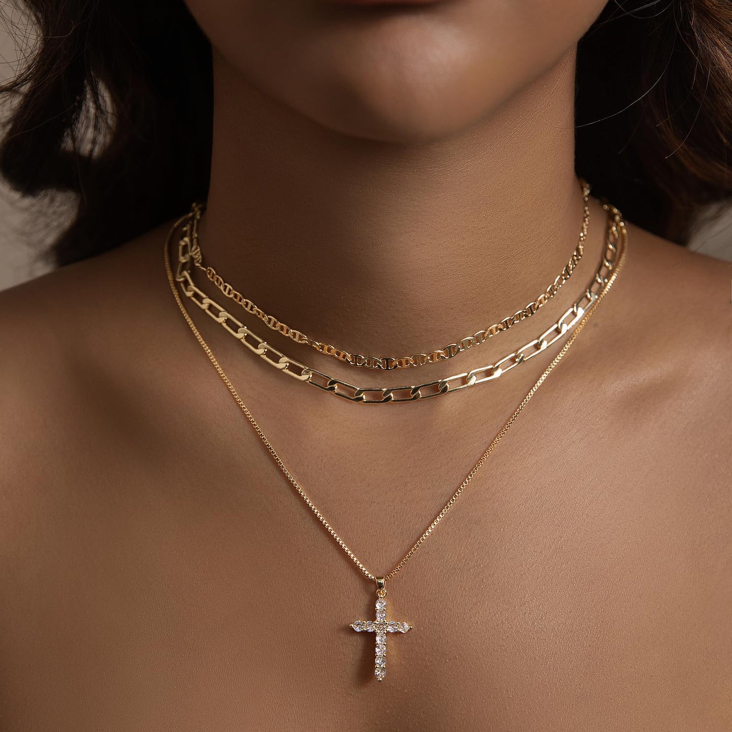 PDWZNBA Layered Gold-plated Necklaces for Women, 14K Real Gold-Plated Triple Chain Necklace, Dainty Choker Jewelry Set, Trendy Jewelry Gifts