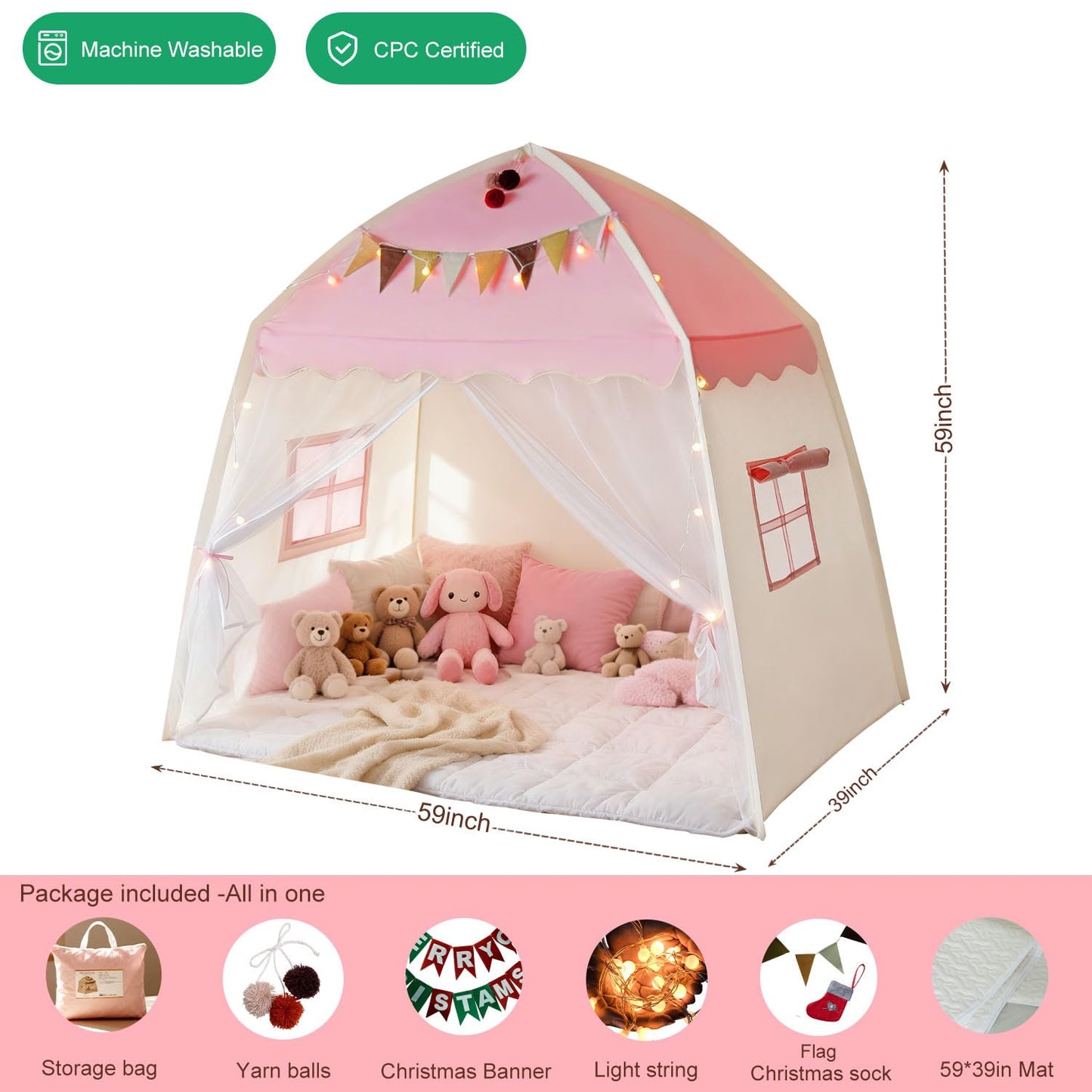 Kids Play Tent Indoor Teepee: Princess Castle Reading Nook with Mat Lights Carry Bag Mesh Windows Quick Setup for Bedroom Playroom Girls Ages 3-12 - 59x39x59 in