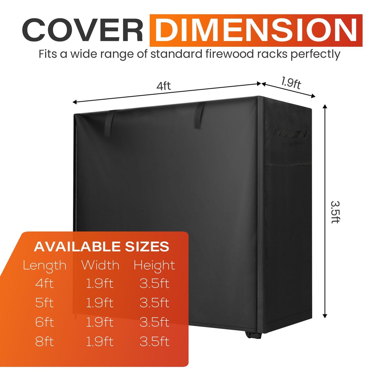 4ft Waterproof Firewood Rack Cover - Heavy Duty Black 600D Oxford Fabric - Indoor Or Outdoor Firewood Log Cover with Zipper & Adhesive Closing Strips - Rack NOT Included - Black