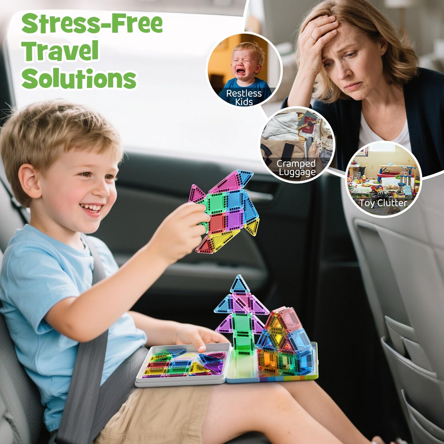 JSDKFJSA Magnetic Tiles Travel Toys for Kids 4-8, 42PCS Candy Color STEM Building Blocks with Visual Storage Guide & Metal Case, Airplane Activities & Toddler Travel Essentials Ages 3-5