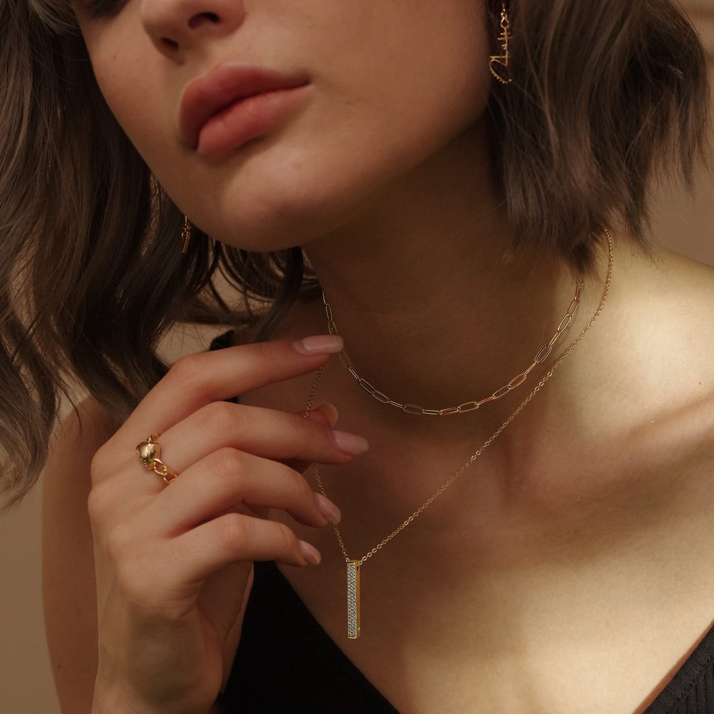 MEVECCO Gold Layered Choker Necklace for Women, 18K Gold Plated Dainty CZ 3D Vertical Bar Pendant Minimalist Paperclip Double Layer Necklace for Jewelry