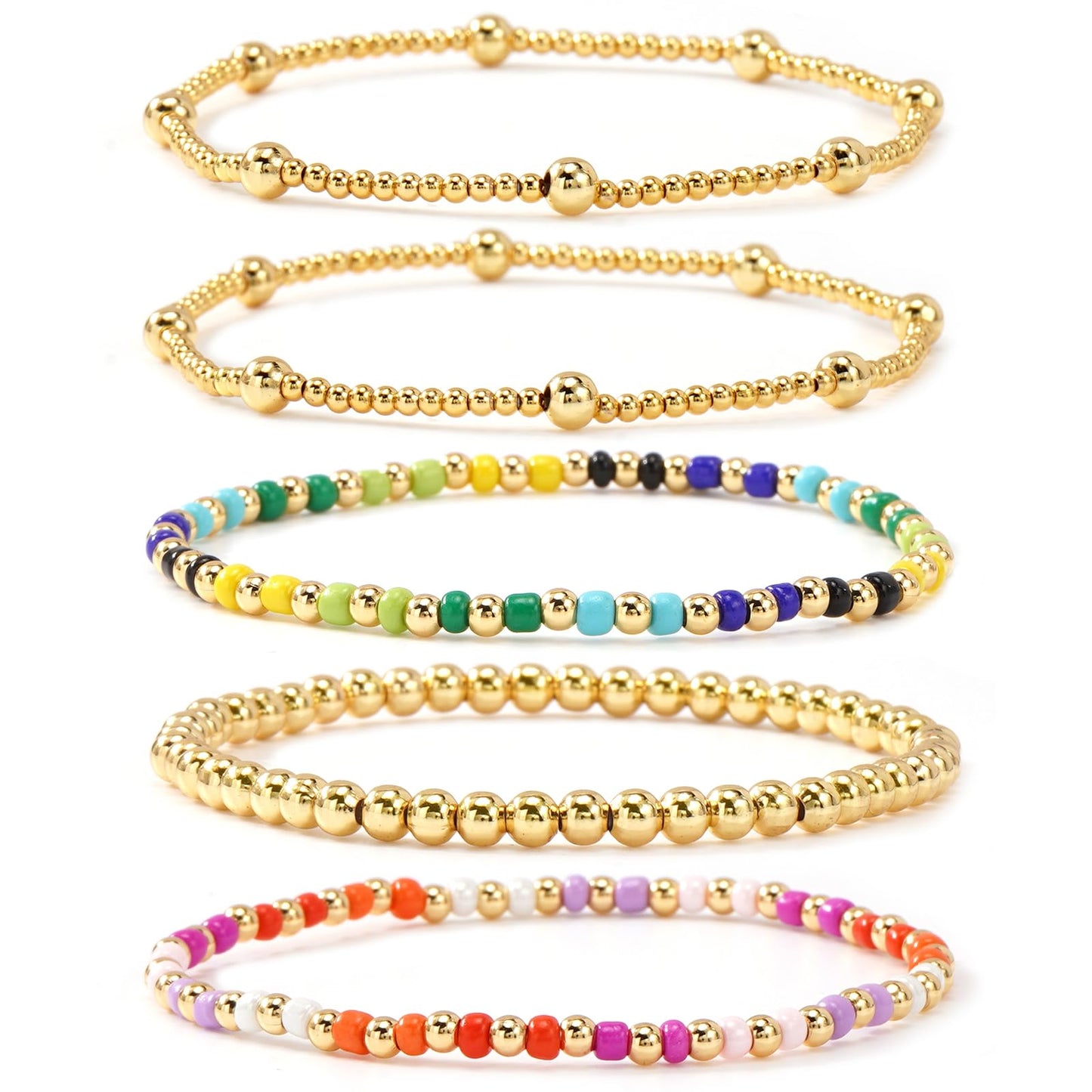 Bohxantium Gold Beaded Bracelets Set for Women Stackable 14K Gold Plated Beads Ball Colorful Seed Bracelets for Women Stack Non Tarnish Stretch Trendy Jewelry Prom Friendship Birthday Christmas Gifts