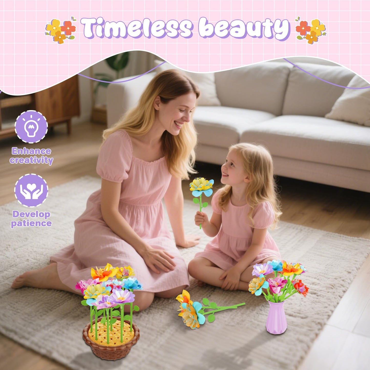FUNZBO Craft for Girls Kids Ages 6-8-12 - Fabric Flower Making Bouquets Kit, Birthday Gifts for Age 3 4 5 6 7 Years Old Girl, Toddler Spring Summer Garden Toy