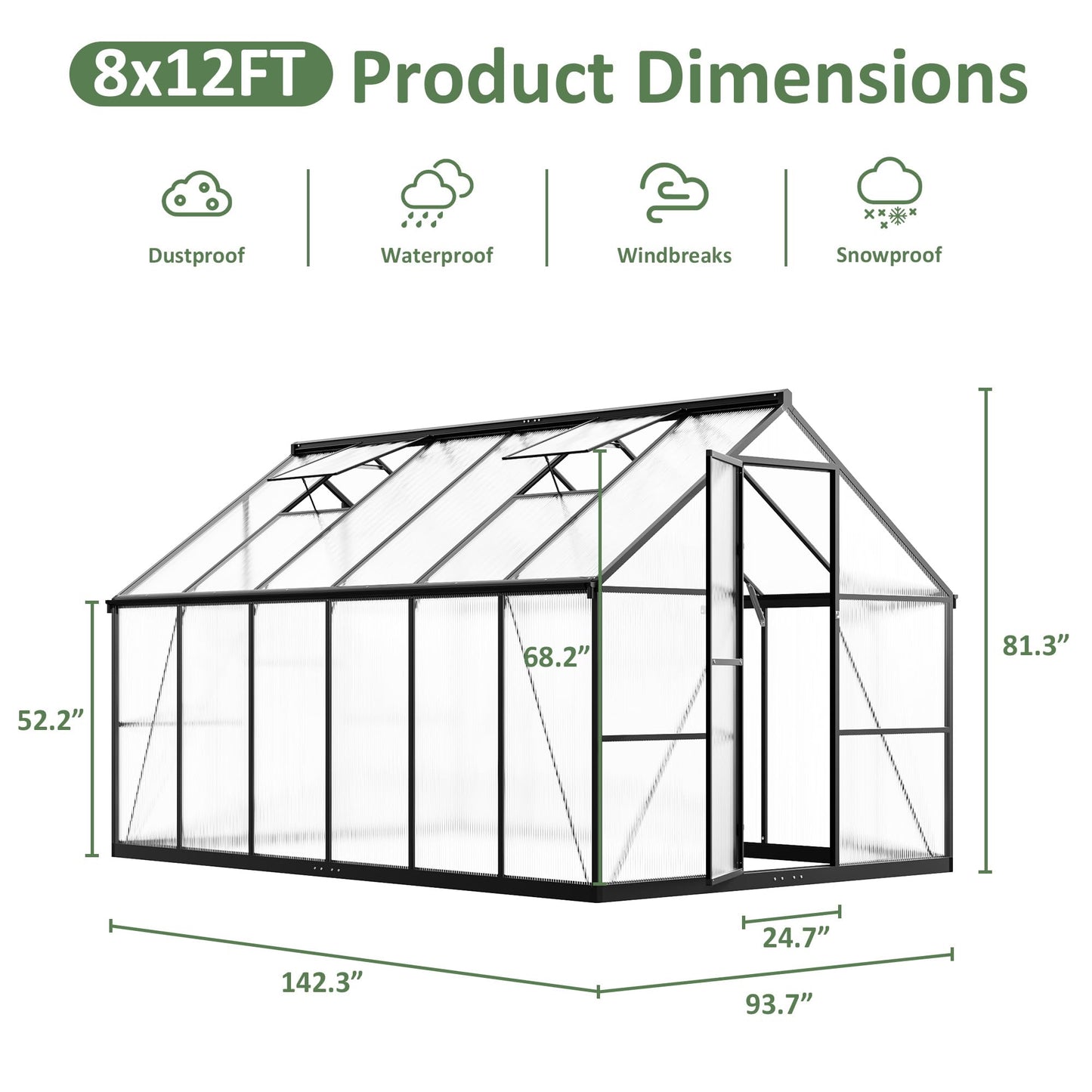AirWire 8×12 FT Greenhouse for Outdoors, Quick Setup Polycarbonate Greenhouse with Roof Vent, Walk in Green Houses for Outside for Outdoor Garden Backyard, Black