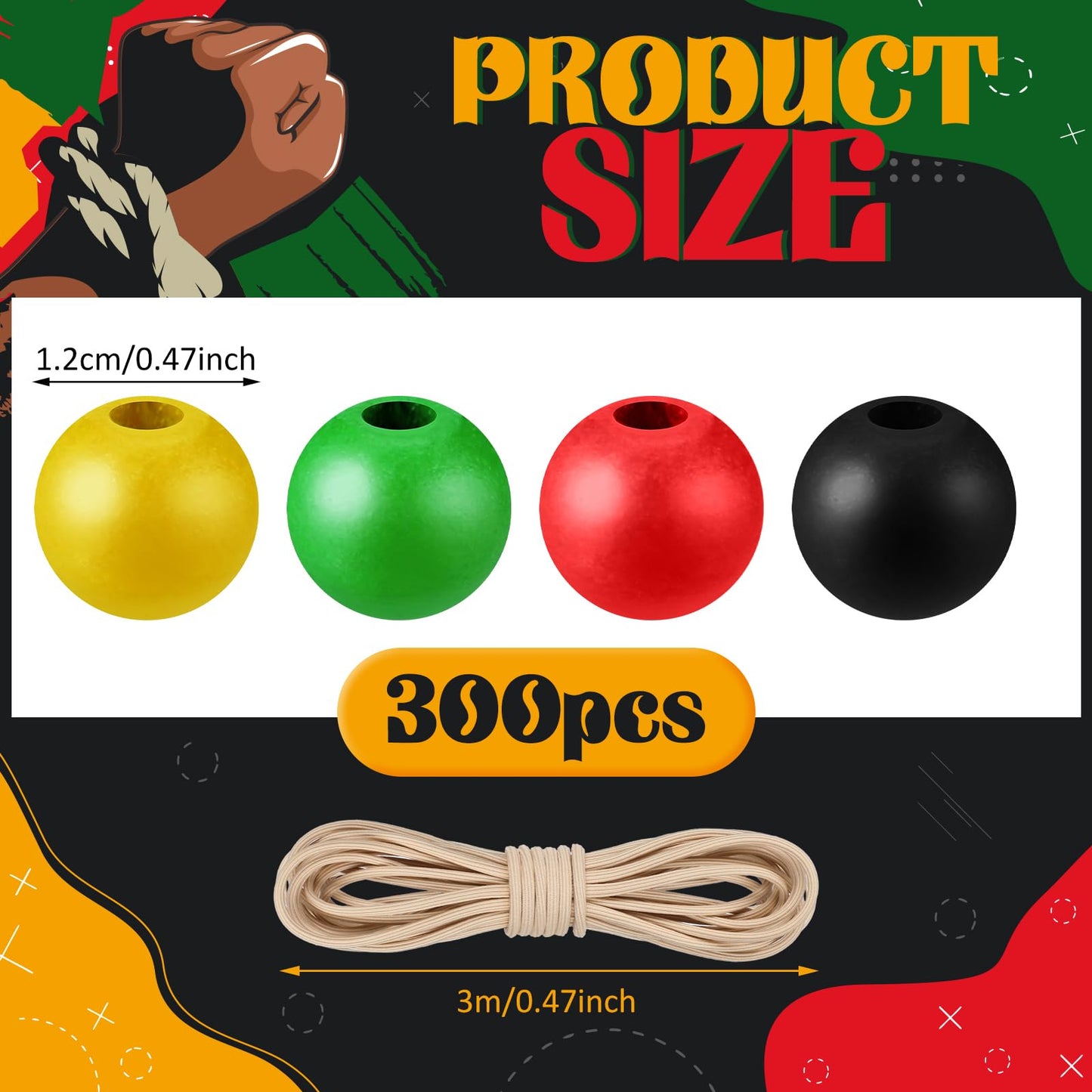 Knitgrip 300 Pcs Juneteenth Wooden Beads Black Red Green Yellow Wood Beads Ornament with Hemp Rope African American Juneteenth Freedom for Party DIY Crafts Jewelry Bracelets Keychain Making