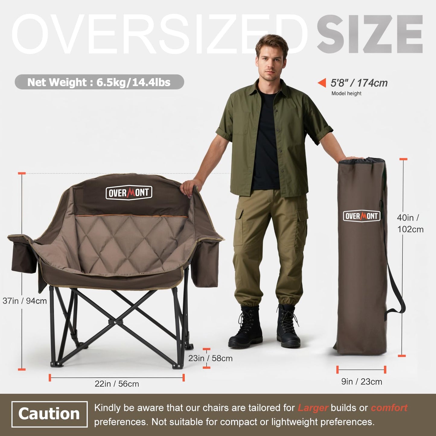 Overmont Oversized XL Camping Chair for Adults - 400lbs Support Heavy-Duty Padded Folding Chair with Side Pocket Cup Holder Cooling Bag for Outdoor Sports Garden Beach Fishing Lawn Khaki