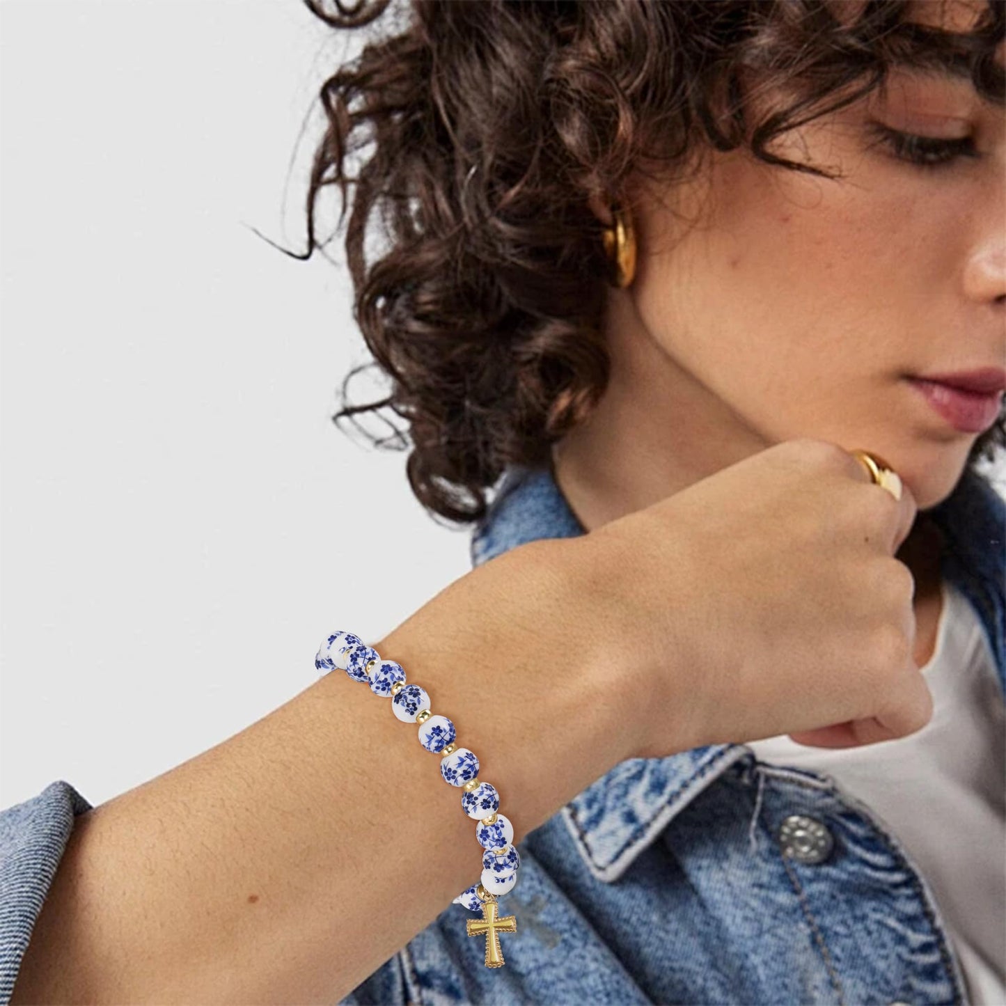 VIBILIA Cross Bracelets for Women, Cross Charm Vintage Jewelry, Flower Beaded Bracelet, Gold Handmade Stretch Jesus Baptism Romantic Christian Birthday Gifts for Women on Easter Mother's Day, Blue