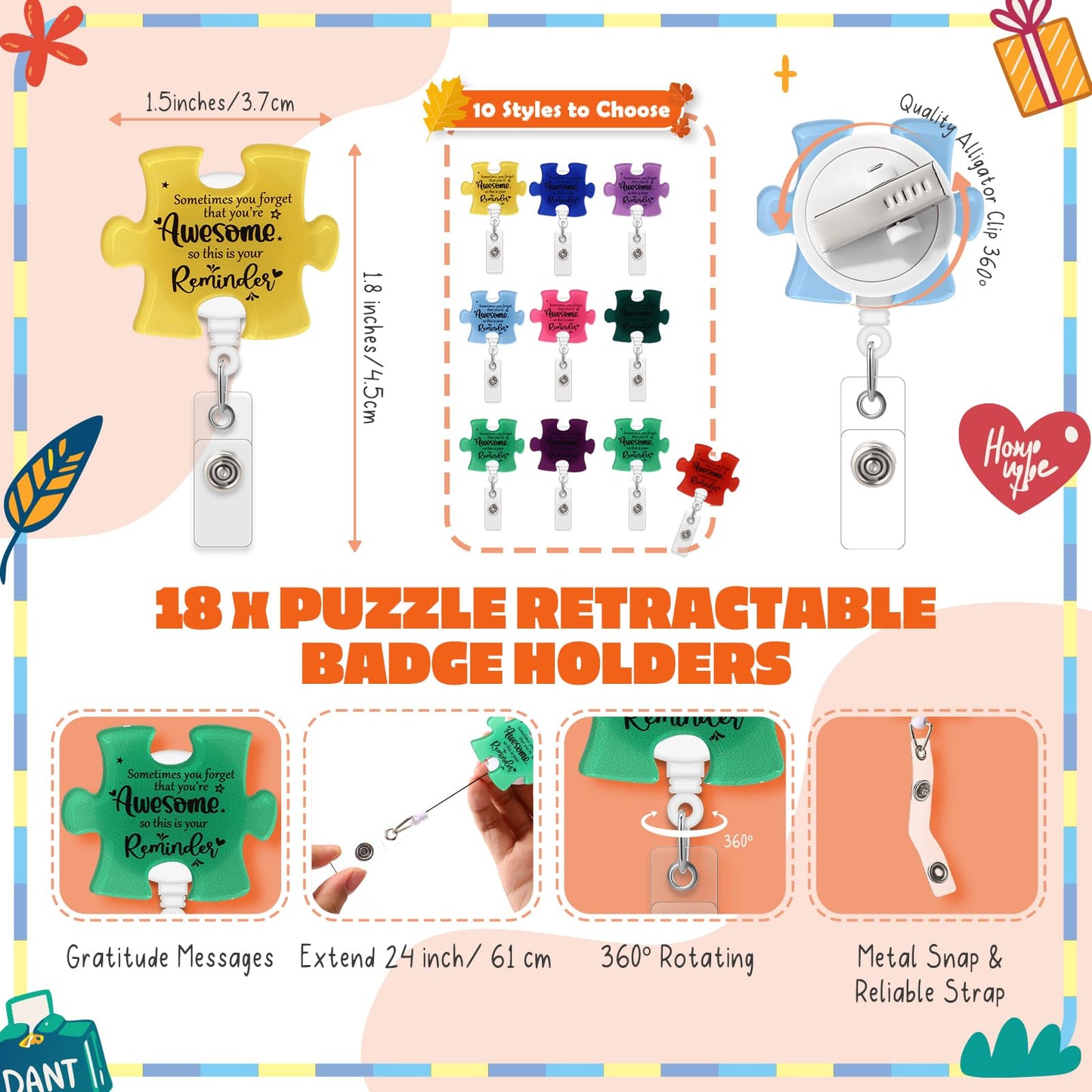 ReliThick 18 Set Employee Appreciation Gifts Bulk, Puzzle Badge Reel Set with Thank You Cards, Retractable ID Badge Holder for Nurse Teacher Staff Team Office Hospital School (Awesome Remider)