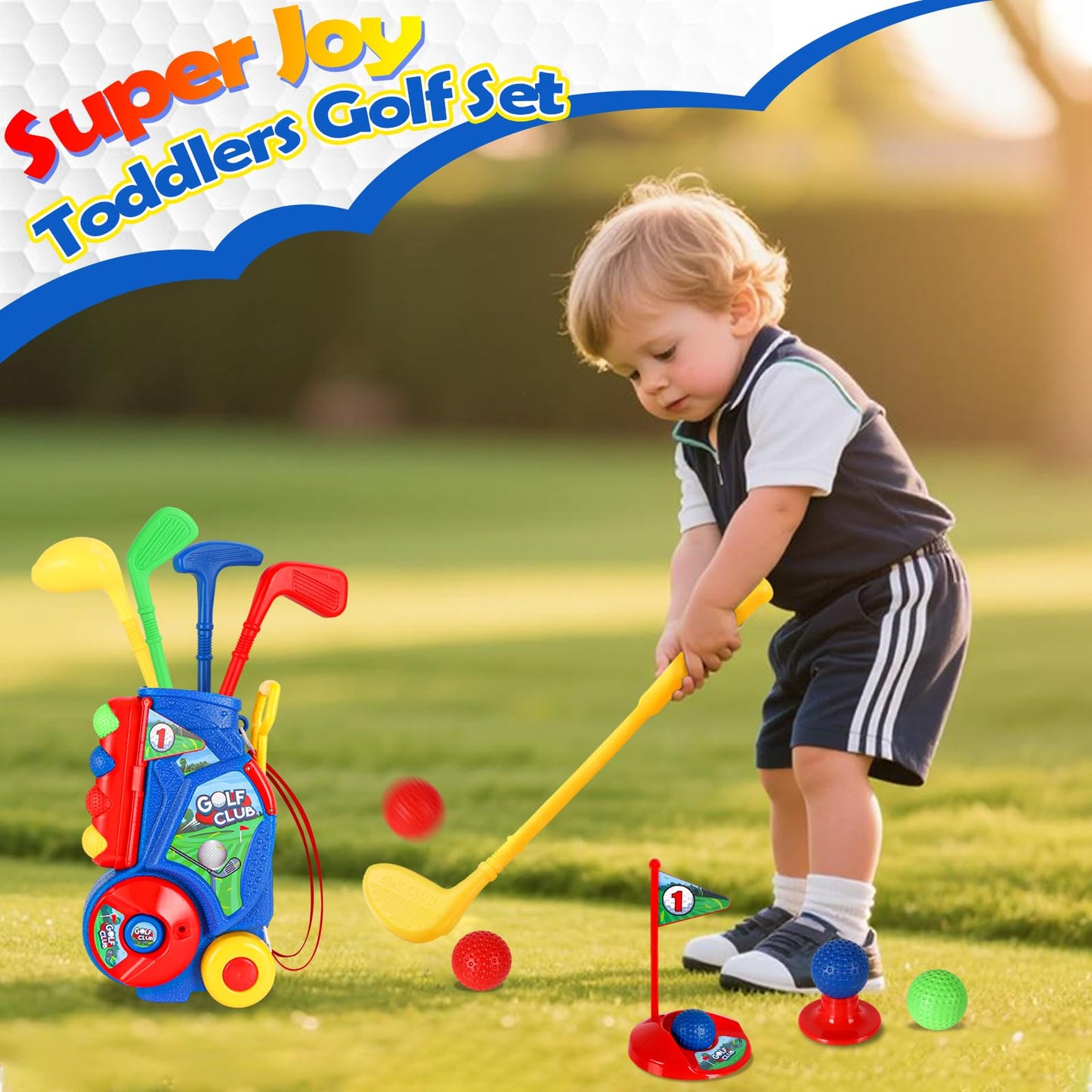 SUPER JOY Toddler Golf Set, Kids Golf Cart with 4 Clubs & 8 Balls, Indoor Outdoor Kid Golf Clubs for 3-5 Boys Girls, Mini Golf Birthday Gifts for Baby 3-5 Years Old