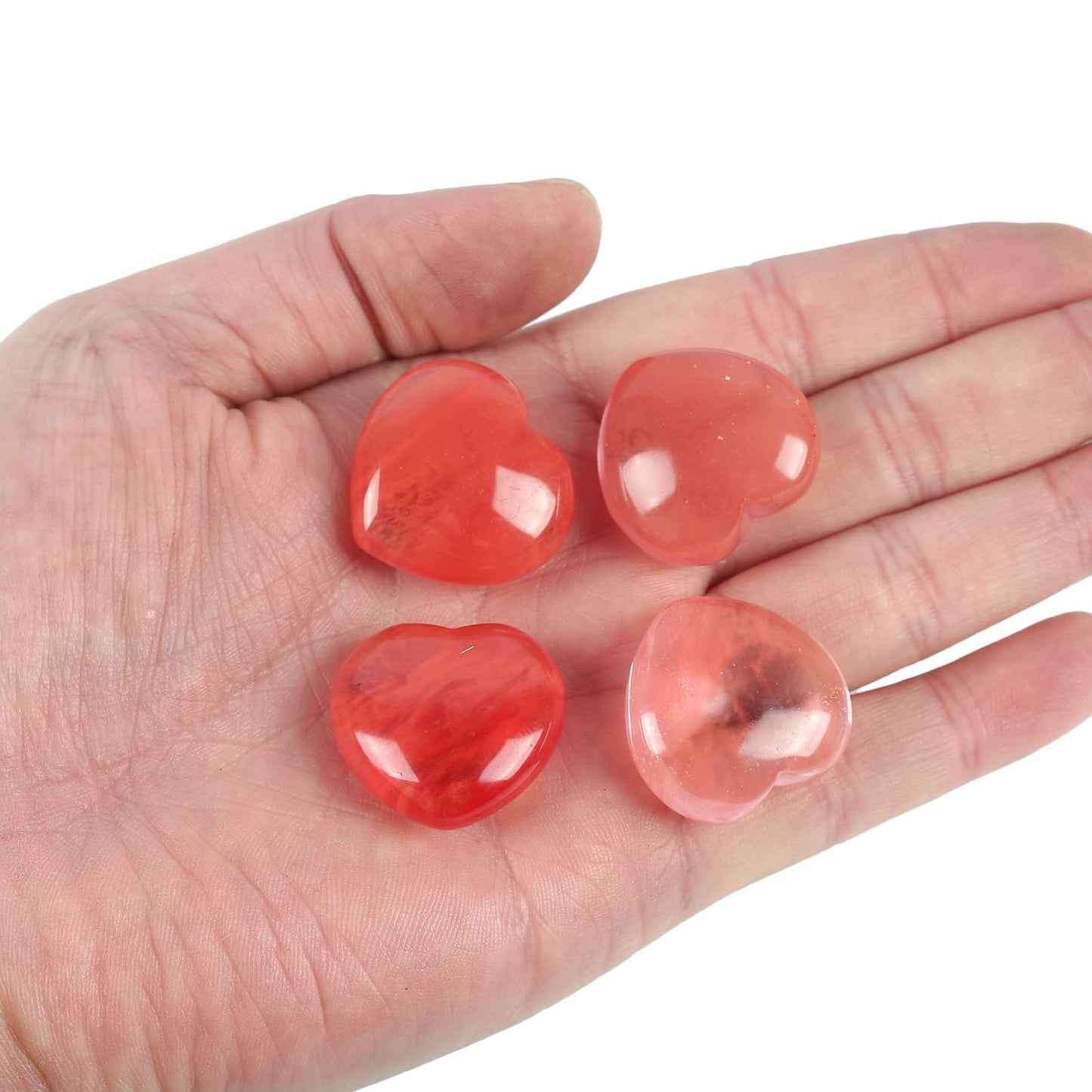 Loveliome 4 Pcs Synthetic Cherry Quartz Love Heart Palm Stone Reiki Balancing Worry Stone(1 Inch)