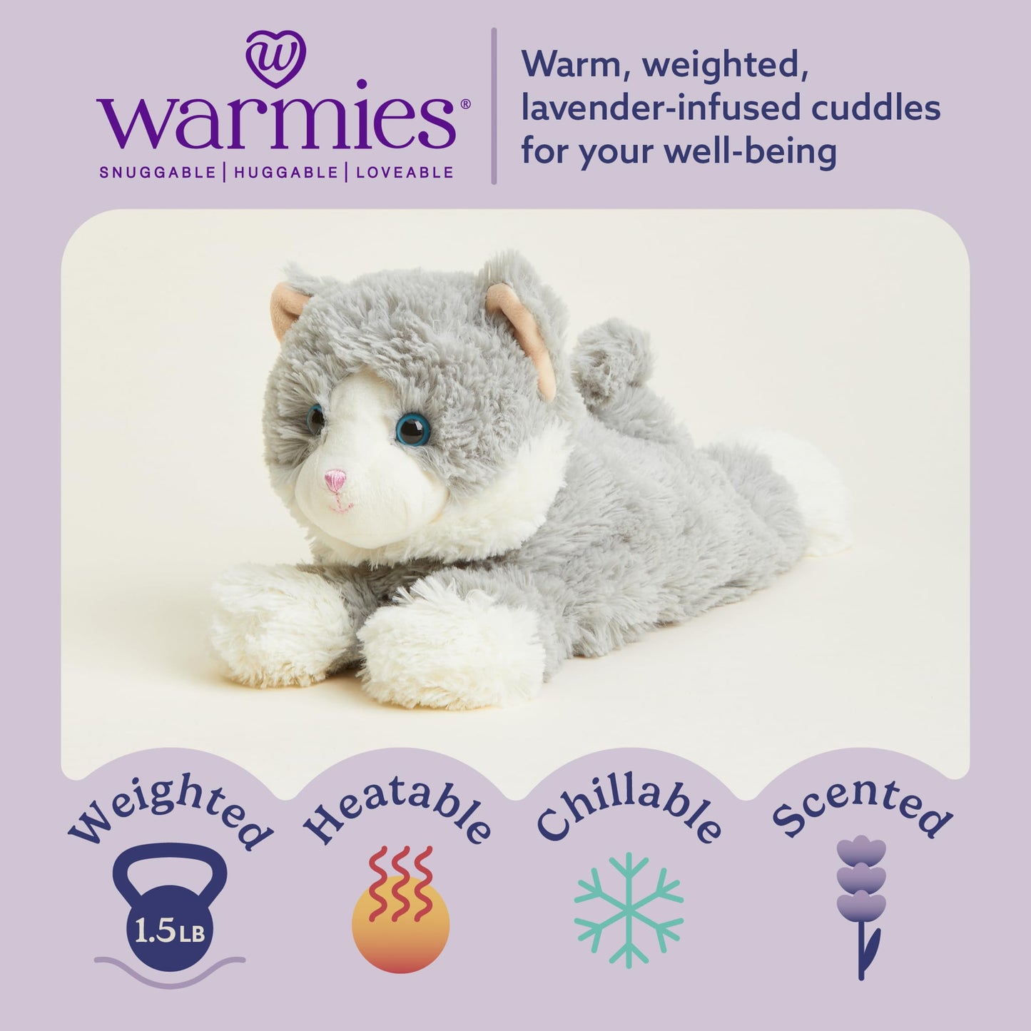warmies Microwavable & Weighted Stuffed Animals, Laying Down Gray Cat - Heated Stuffed Animal Plushie for Warmth & Comfort - Cute Soft Plush Toys for Boys, Girls, Babies & Toddlers