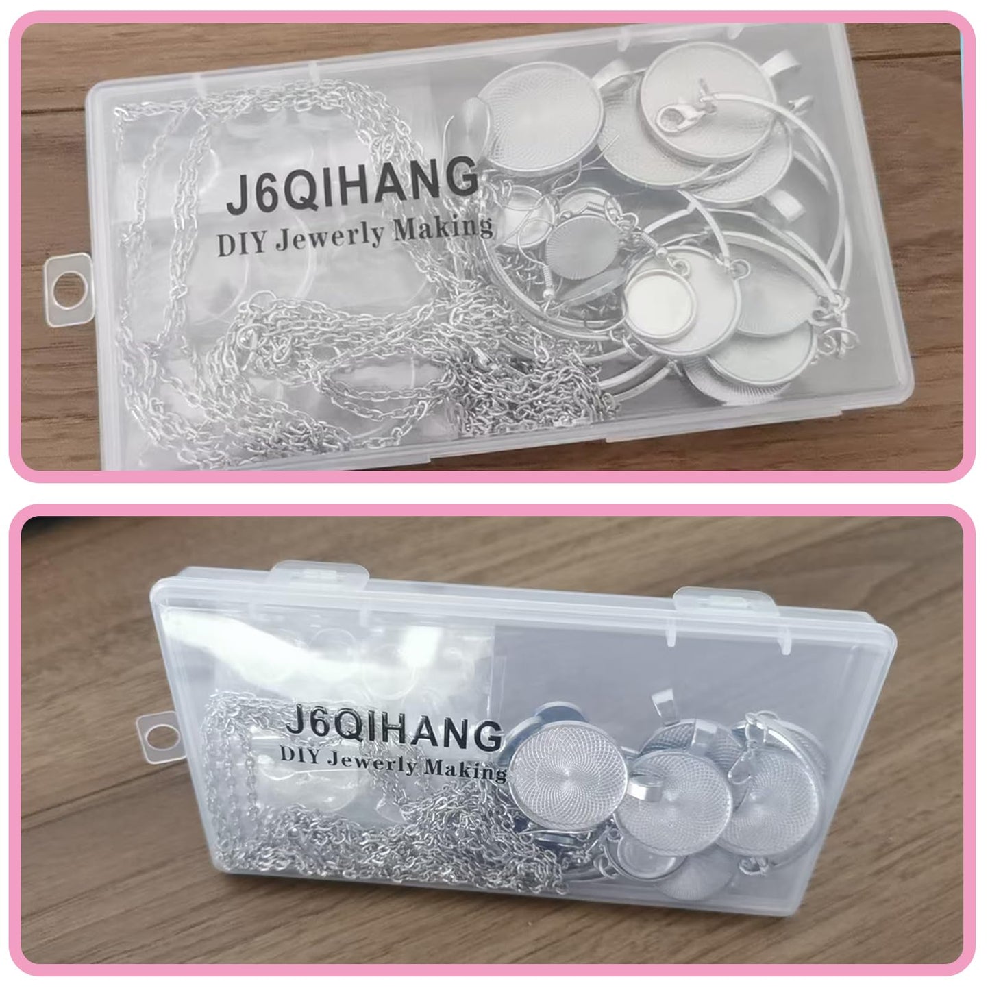 J6QIHANG Pendant Trays Set with Cabochon Glass, Round Pendant Bezel Blank Trays, Bracelet Bangles Earrings Hooks Blanks for DIY Photo Cameo Jewelry Crfats Making