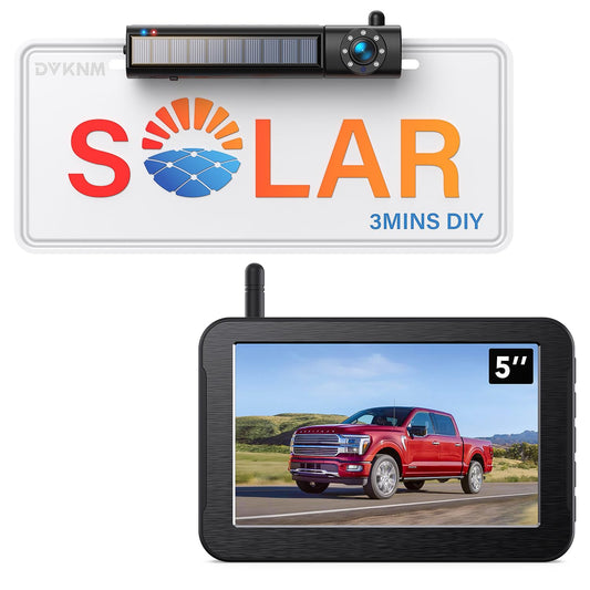 DVKNM Solar Wireless Backup Camera, 1080P 5" IPS Monitor & Auto On Off Back Up Camera, 2 Mins Easy Setup Battery Powered Night Vision Waterproof, Reverse Camera for Car SUV Truck Van Trailer