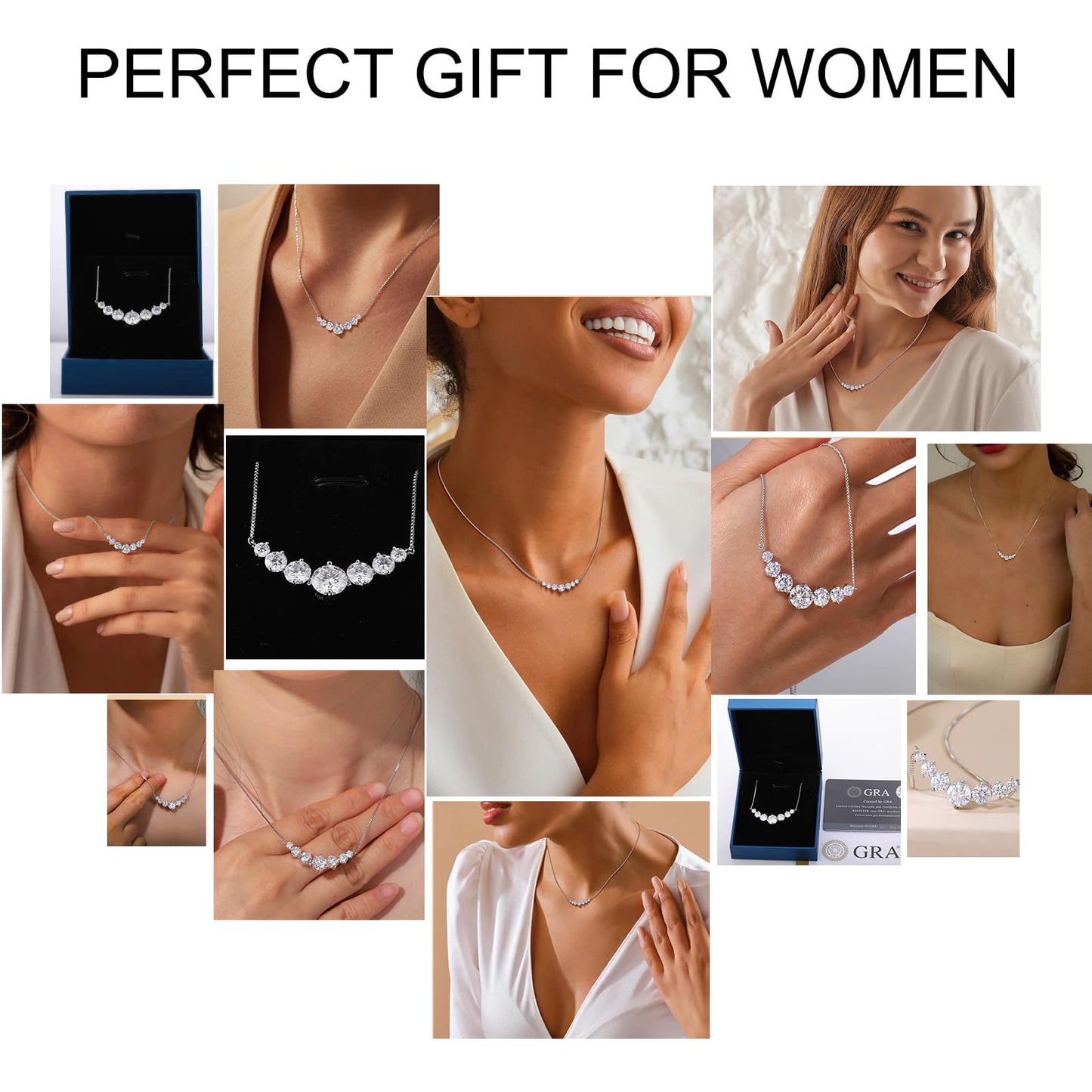 Moissanite Necklace for Women, 2.8 Carat Lab Grown Moissanite Pendant 18k White Gold Plated Sterling Silver 7 Stones Smile Pendant Necklace, Fashion Necklace with 16.5+2.5 inch Adjustable Box Chain