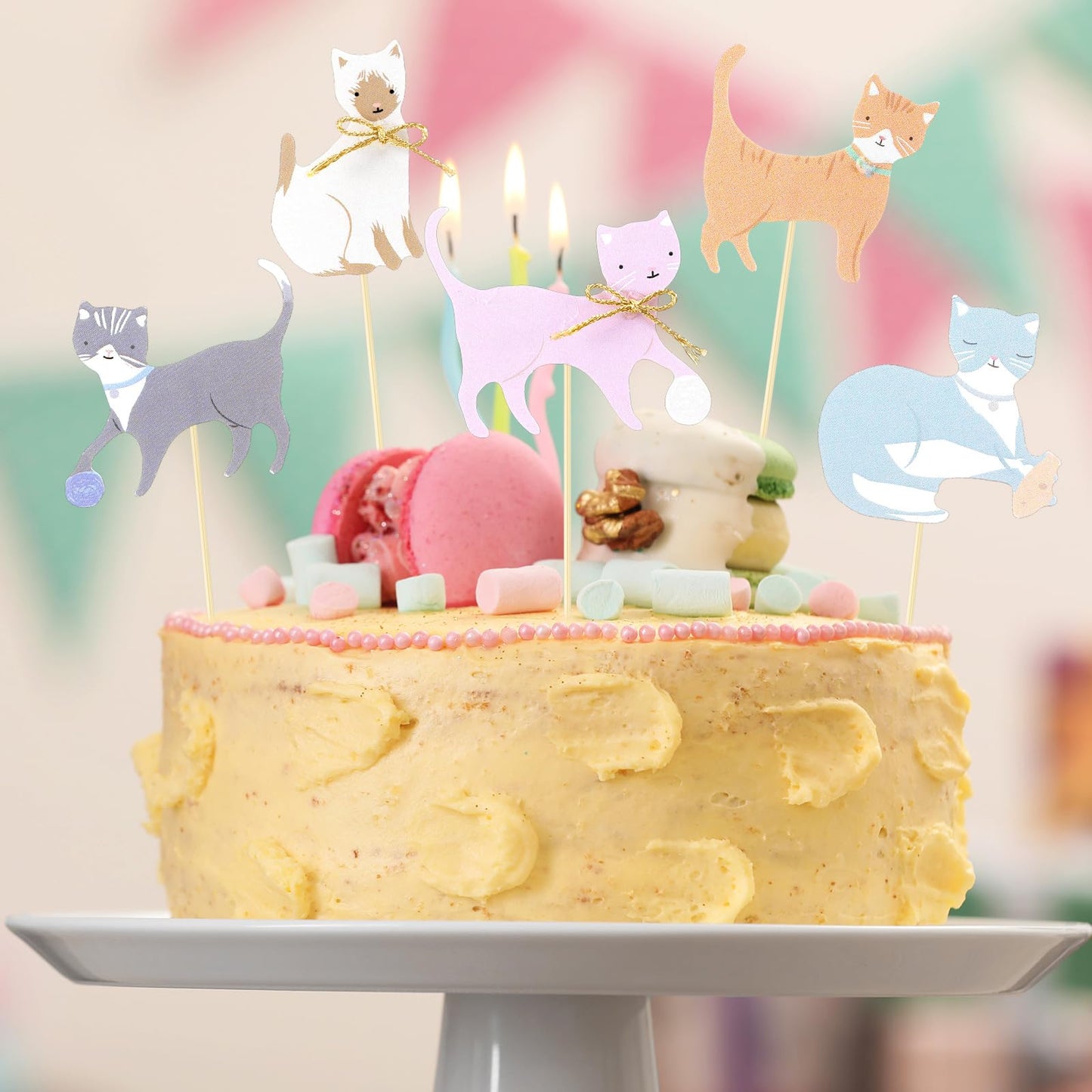 Vesici 48 Pcs Cute Kitten Cupcake Kit Include 24 Cat Cupcake Toppers and 24 Blue Pink Cake Liners Kitten Pet Themed Party Supplies for Birthday Pet Adoption Party Decorations