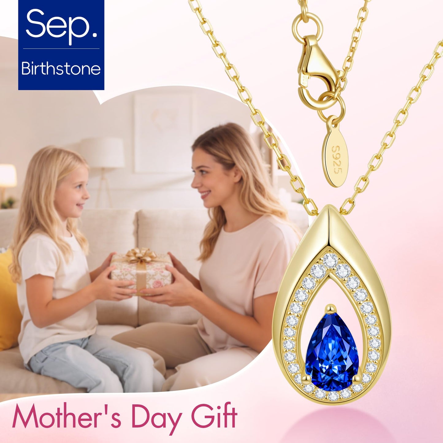 Kstyle 14k Gold Sapphire September Birthstone Pendant Necklaces for Women Valentine's Day Birthday Gift Anniversary Jewelry for Wife Daughter Grandma Mom Sister Non Tarnish