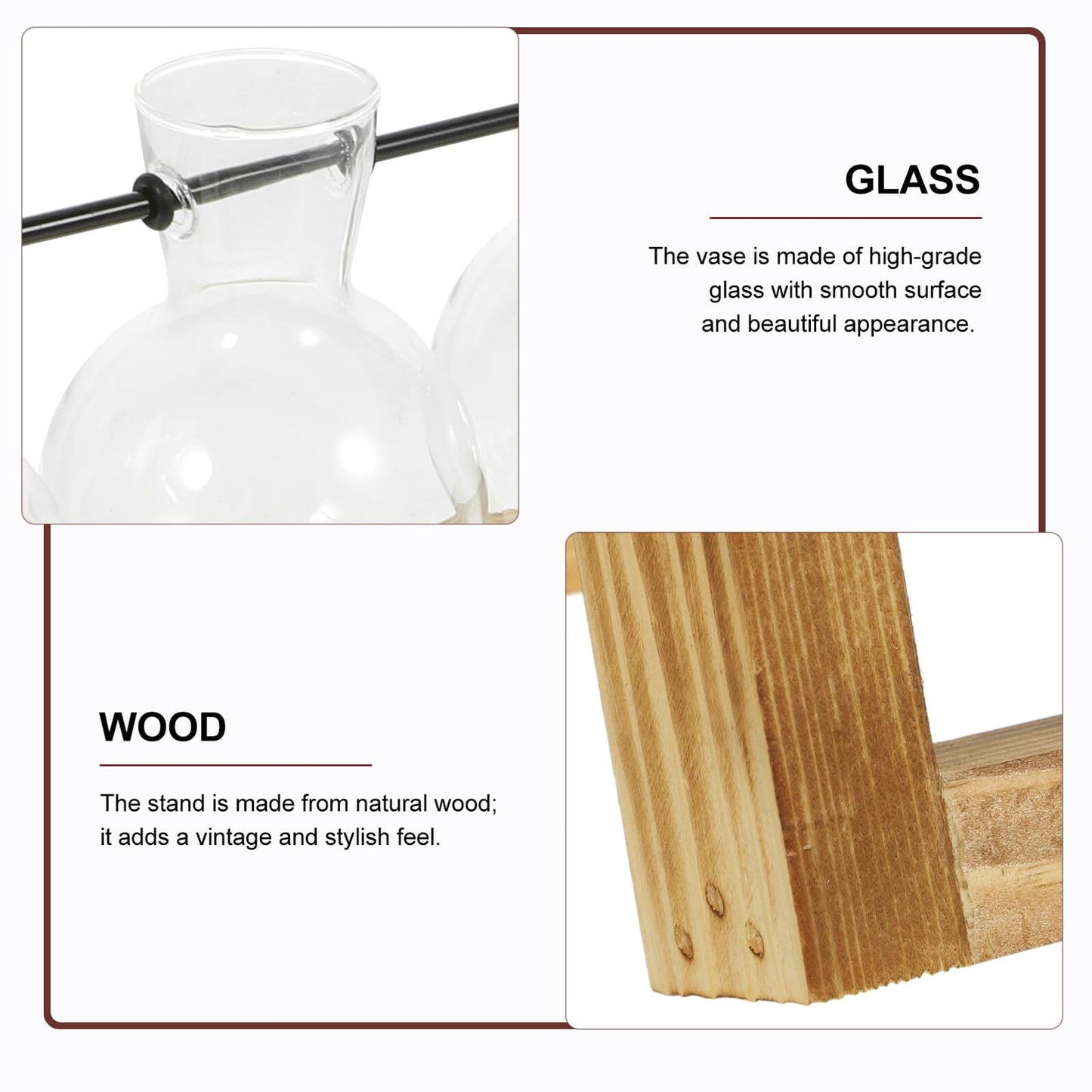 HAKIDZEL Hydroponic Glass Plant Propagation Bottles Set with Wooden Stand, Small Glass Vases for Flowers and Terrarium Planter Home Décor, Desktop Water Propagation Station for Indoor