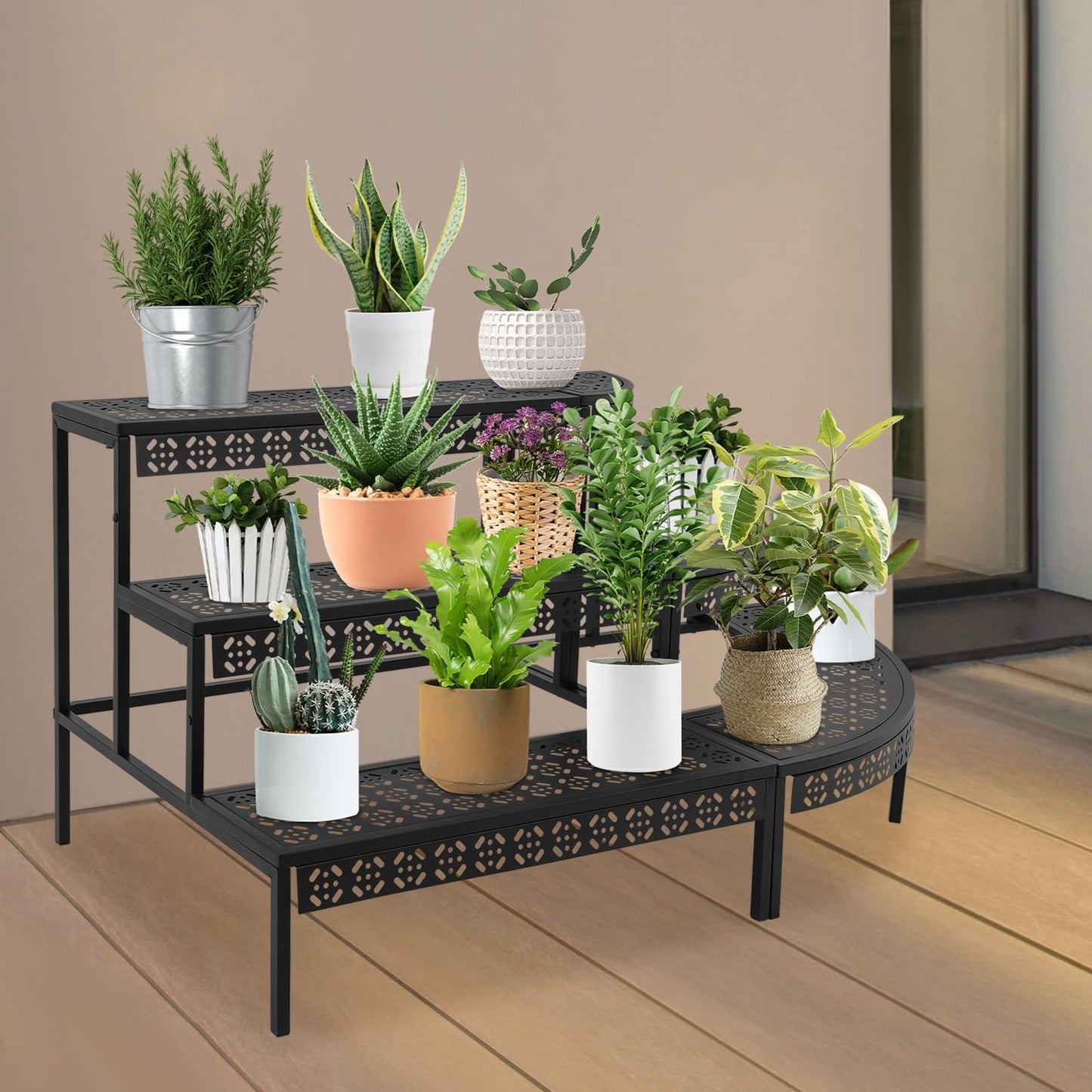 AYLYOTOY 3-Tier Metal Plant Stand, Quarter Round Plant Corner Shelf, Tiered Ladder Flower Pot Display Holder Storage Organizer Rack for Patio, Balcony, Garden, Home, Indoor Outdoor Use