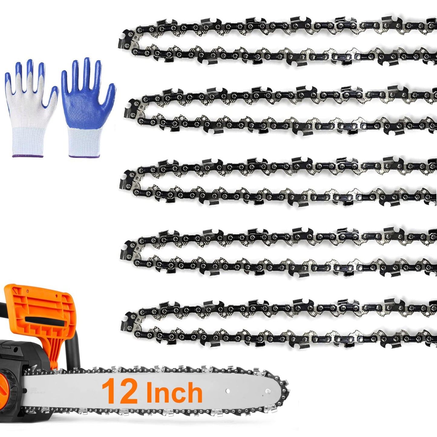 5 Pack 12 Inch Chainsaw Chain 3/8" LP Pitch .050'' Gauge 45 Drive Links fits Echo, Greenworks, Homelite, Craftsman, Remington, Poulan and more