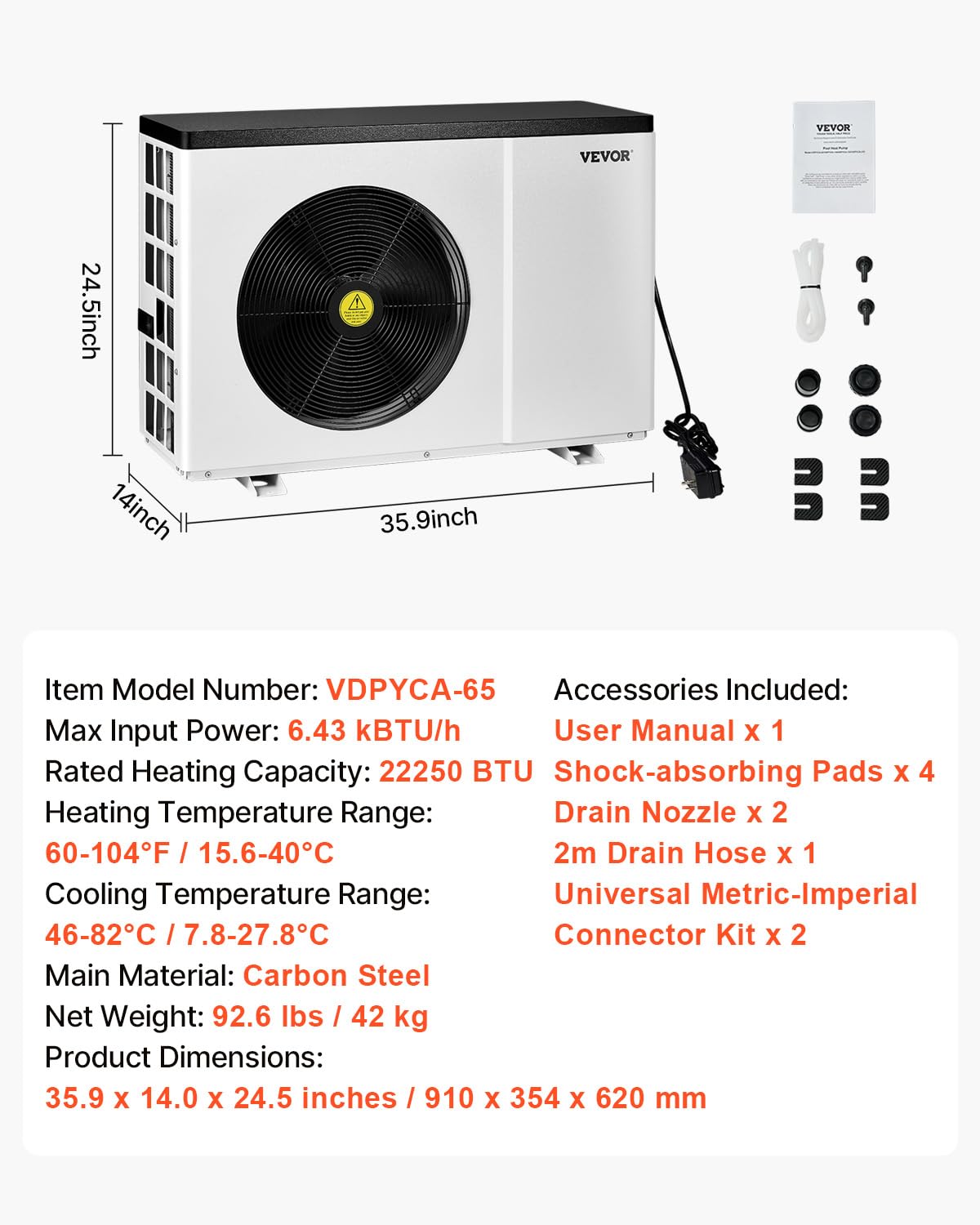 VEVOR Pool Heat Pump, 22250 BTU Electric Heater for Above Ground and In Ground Pools up to 3,171-6,605 Gallons, Energy Efficient Heating and Cooling, Low Noise, 120V/60Hz